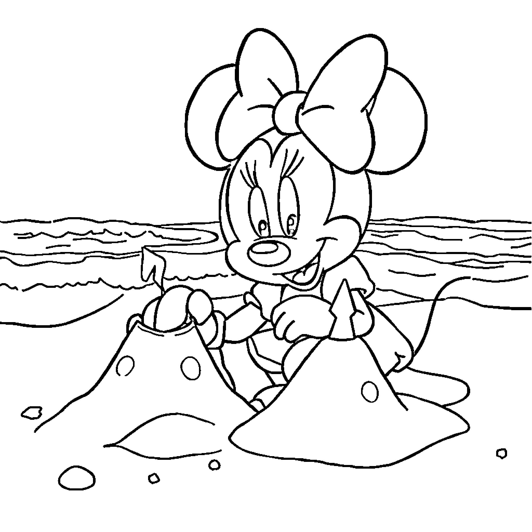 Minnie Mouse playing on the beach Coloring Page (free black-and-white line drawing printable PDF for all, from beginners to advanced learners, including children, teens, adults, and seniors)