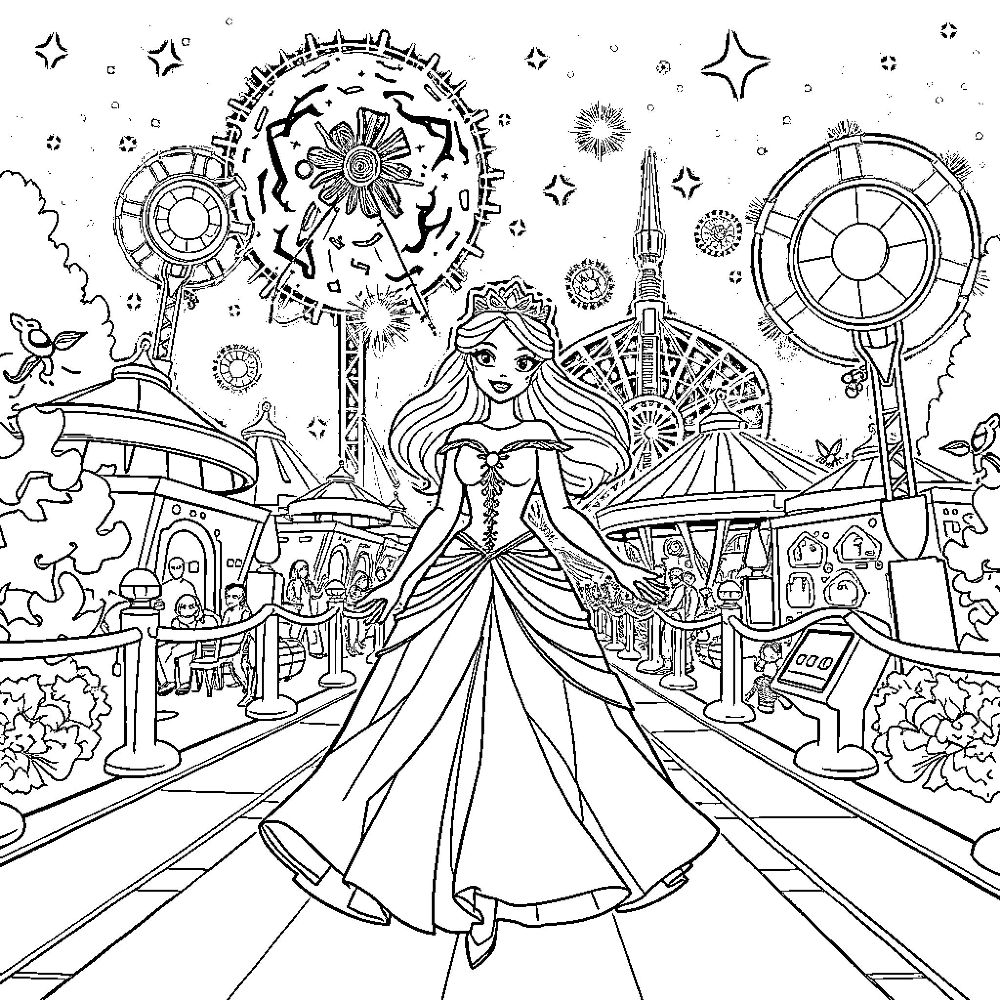 Princess in a magical amusement park Coloring Page (free black-and-white line drawing printable PDF for all, from beginners to advanced learners, including children, teens, adults, and seniors)