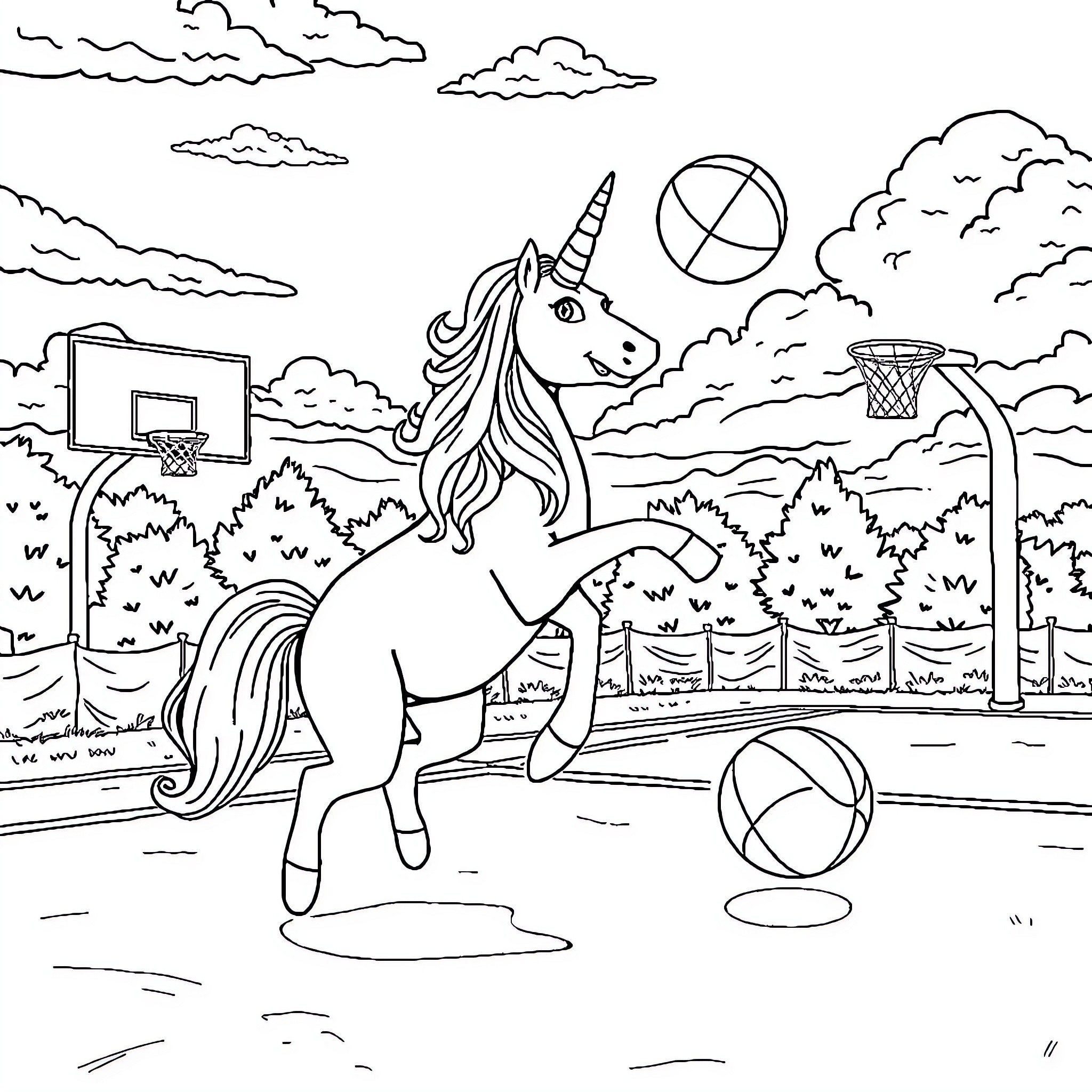Unicorn playing basketball on outdoor court Coloring Page (free black-and-white line drawing printable PDF for all, from beginners to advanced learners, including children, teens, adults, and seniors)