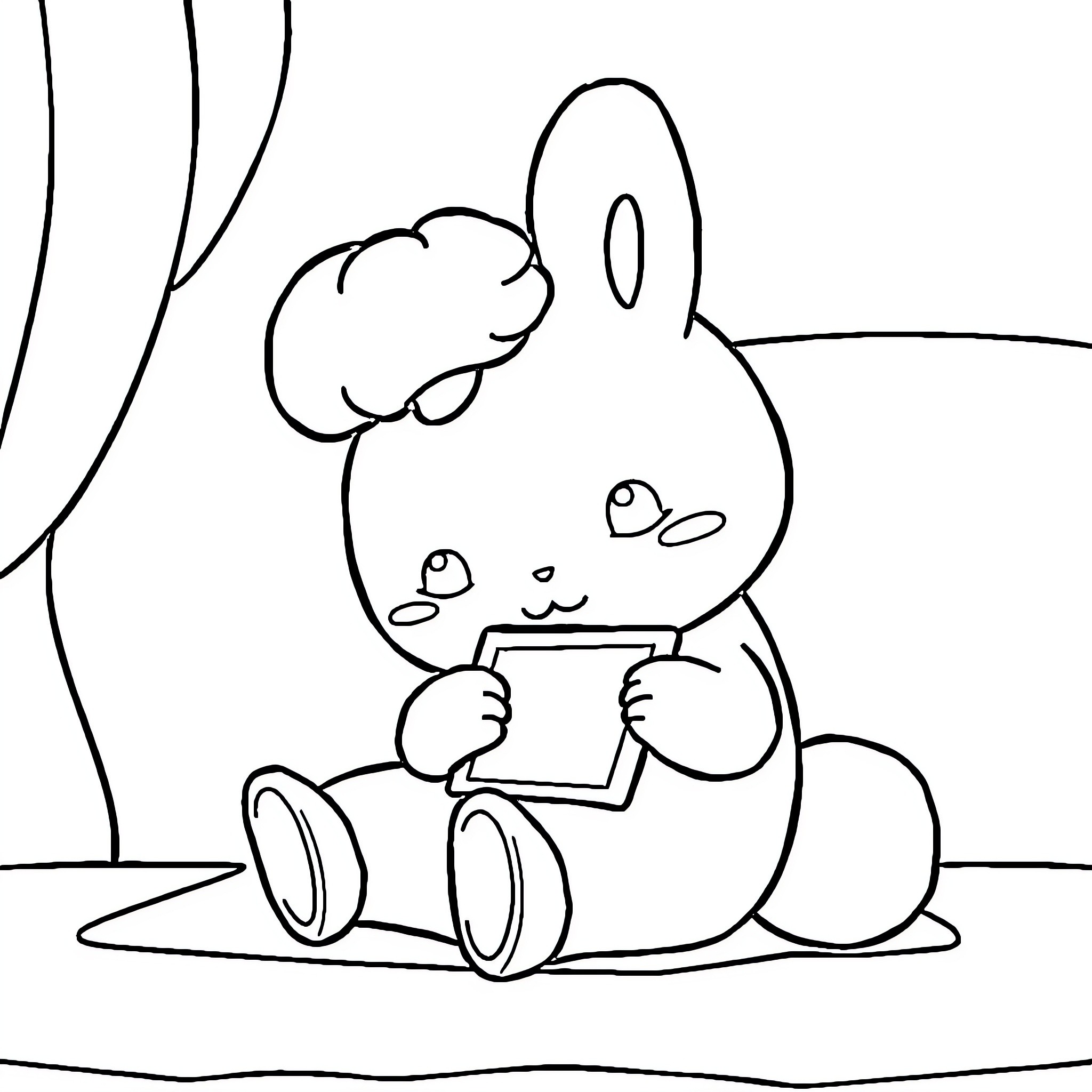 Cinnamoroll enjoying a portable device Coloring Page (free black-and-white line drawing printable PDF for all, from beginners to advanced learners, including children, teens, adults, and seniors)