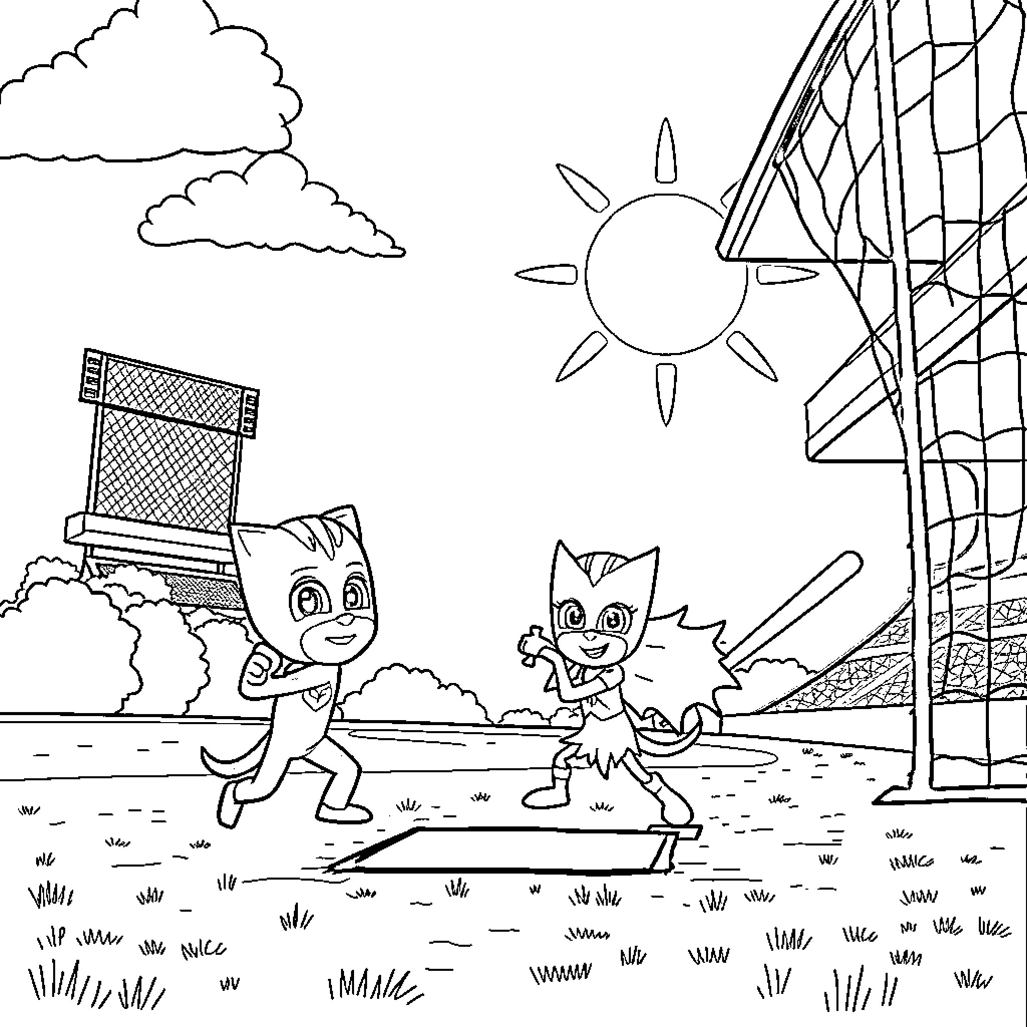 Pj Masks characters playing outdoors Coloring Page (free black-and-white line drawing printable PDF for all, from beginners to advanced learners, including children, teens, adults, and seniors)