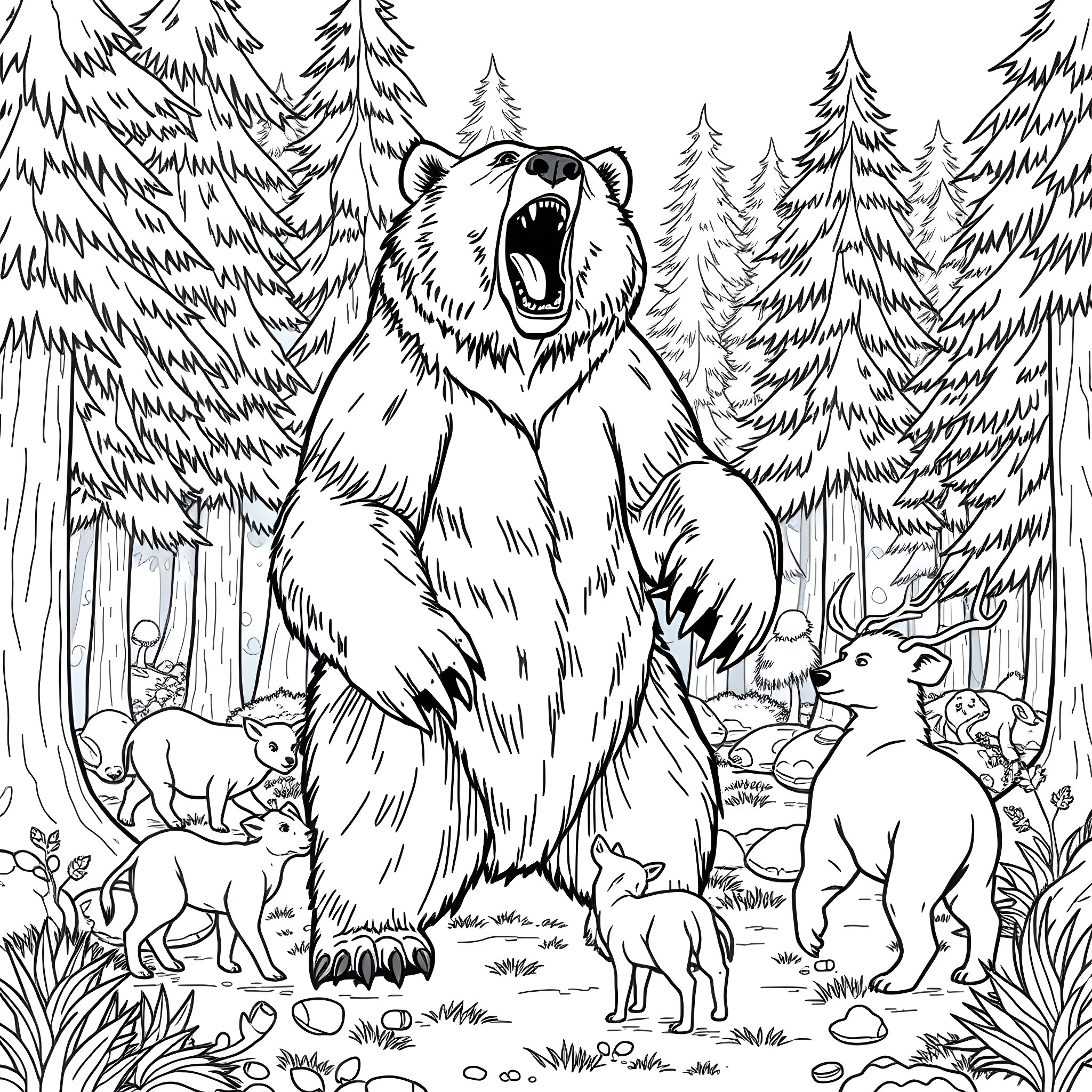 Bear roaring amidst forest animals Coloring Page (free black-and-white line drawing printable PDF for all, from beginners to advanced learners, including children, teens, adults, and seniors)
