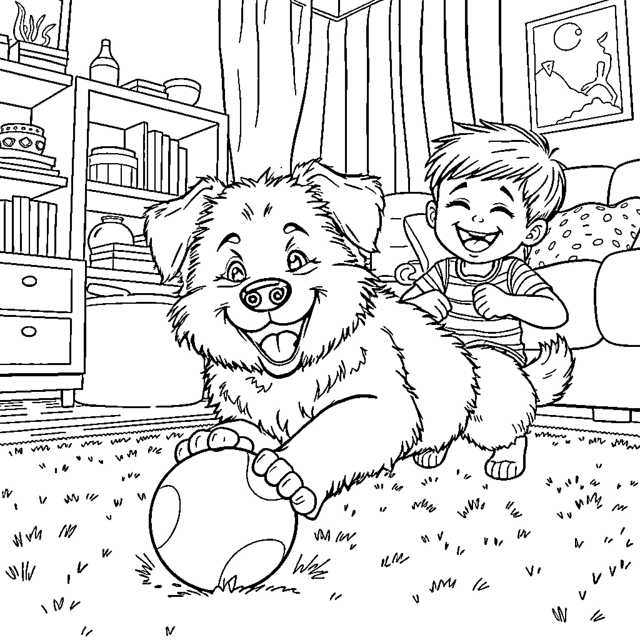 Dog and Boy Playing Happily in the Room Coloring Page (free black-and-white line drawing printable PDF for all, from beginners to advanced learners, including children, teens, adults, and seniors)
