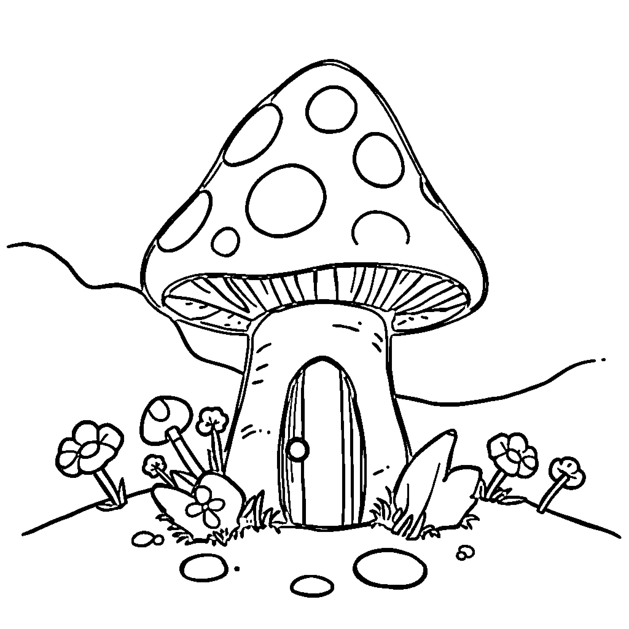 Mushroom fantasy scene with whimsical flowers Coloring Page (free black-and-white line drawing printable PDF for all, from beginners to advanced learners, including children, teens, adults, and seniors)