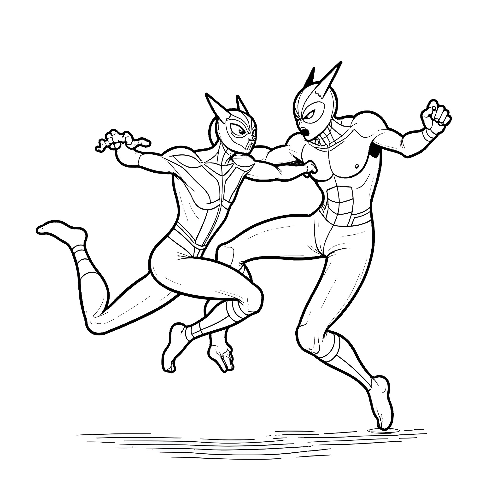 Homem-Aranha and Ultraman battling heroically Coloring Page (free black-and-white line drawing printable PDF for all, from beginners to advanced learners, including children, teens, adults, and seniors)