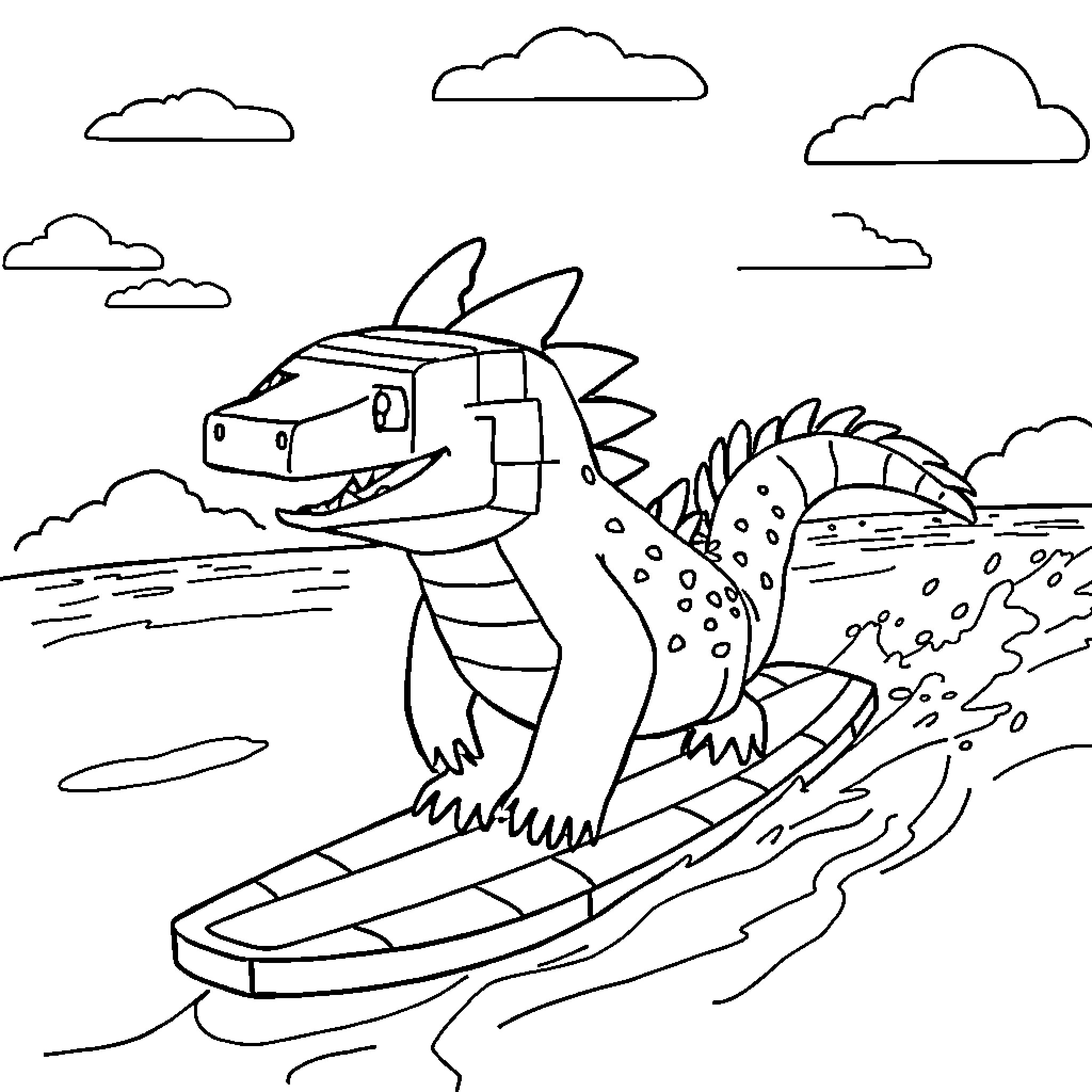 Axolotl surfing on the waves Coloring Page (free black-and-white line drawing printable PDF for all, from beginners to advanced learners, including children, teens, adults, and seniors)