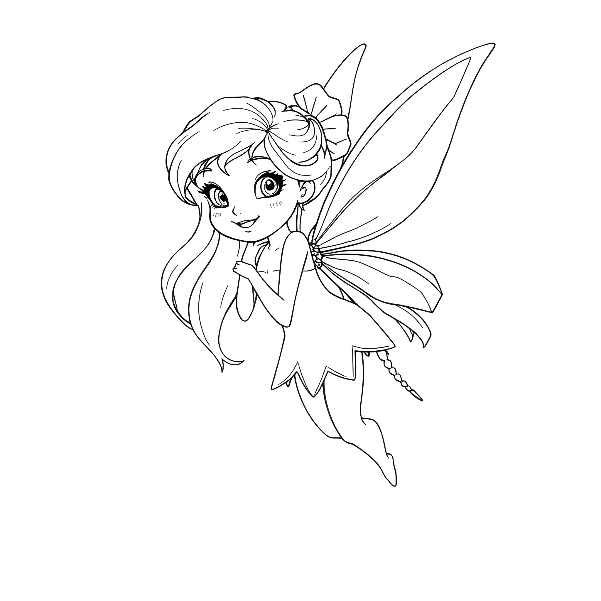 Fairy in a whimsical pose with wings Coloring Page (free black-and-white line drawing printable PDF for all, from beginners to advanced learners, including children, teens, adults, and seniors)