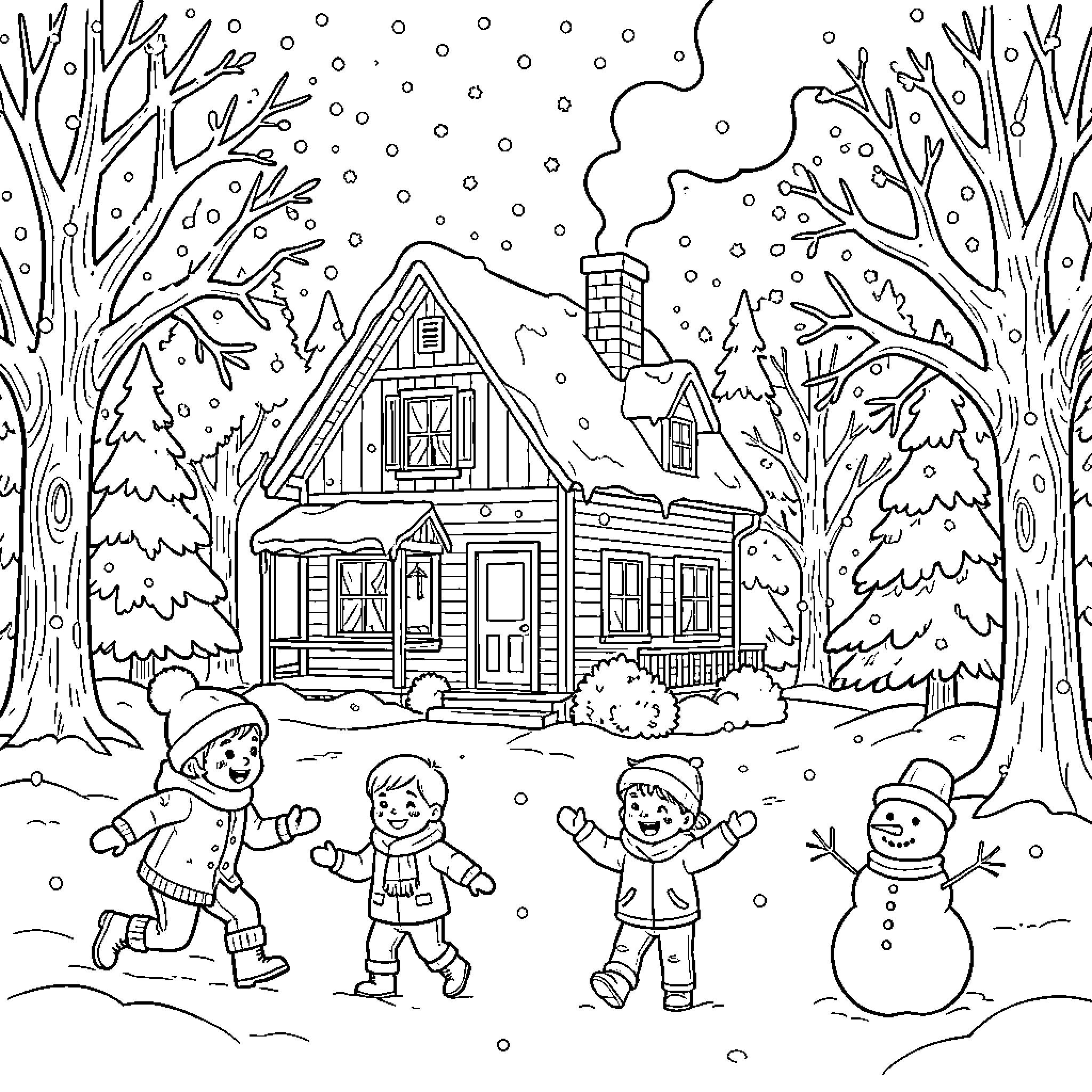 Winter scene with children playing near a snowman Coloring Page (free black-and-white line drawing printable PDF for all, from beginners to advanced learners, including children, teens, adults, and seniors)