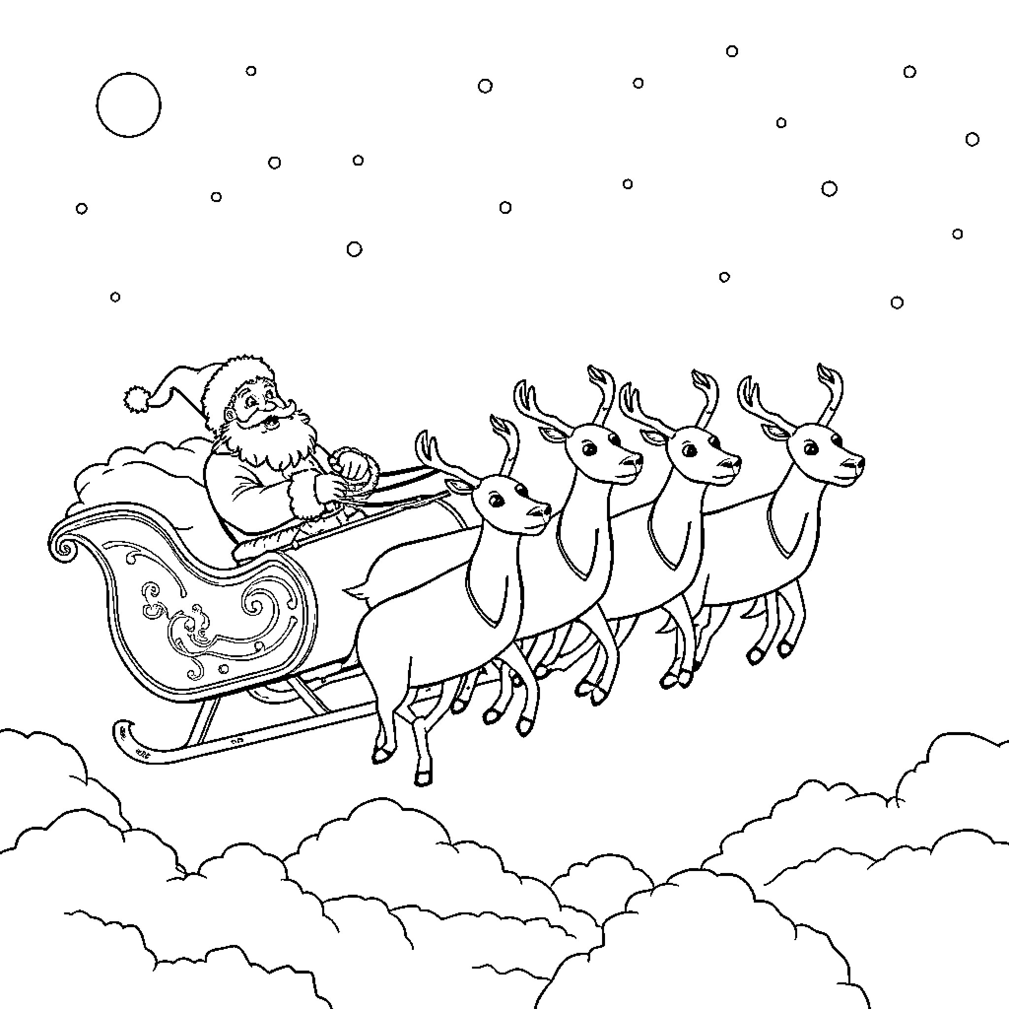 Santa Claus riding sleigh with reindeer in the sky Coloring Page (free black-and-white line drawing printable PDF for all, from beginners to advanced learners, including children, teens, adults, and seniors)
