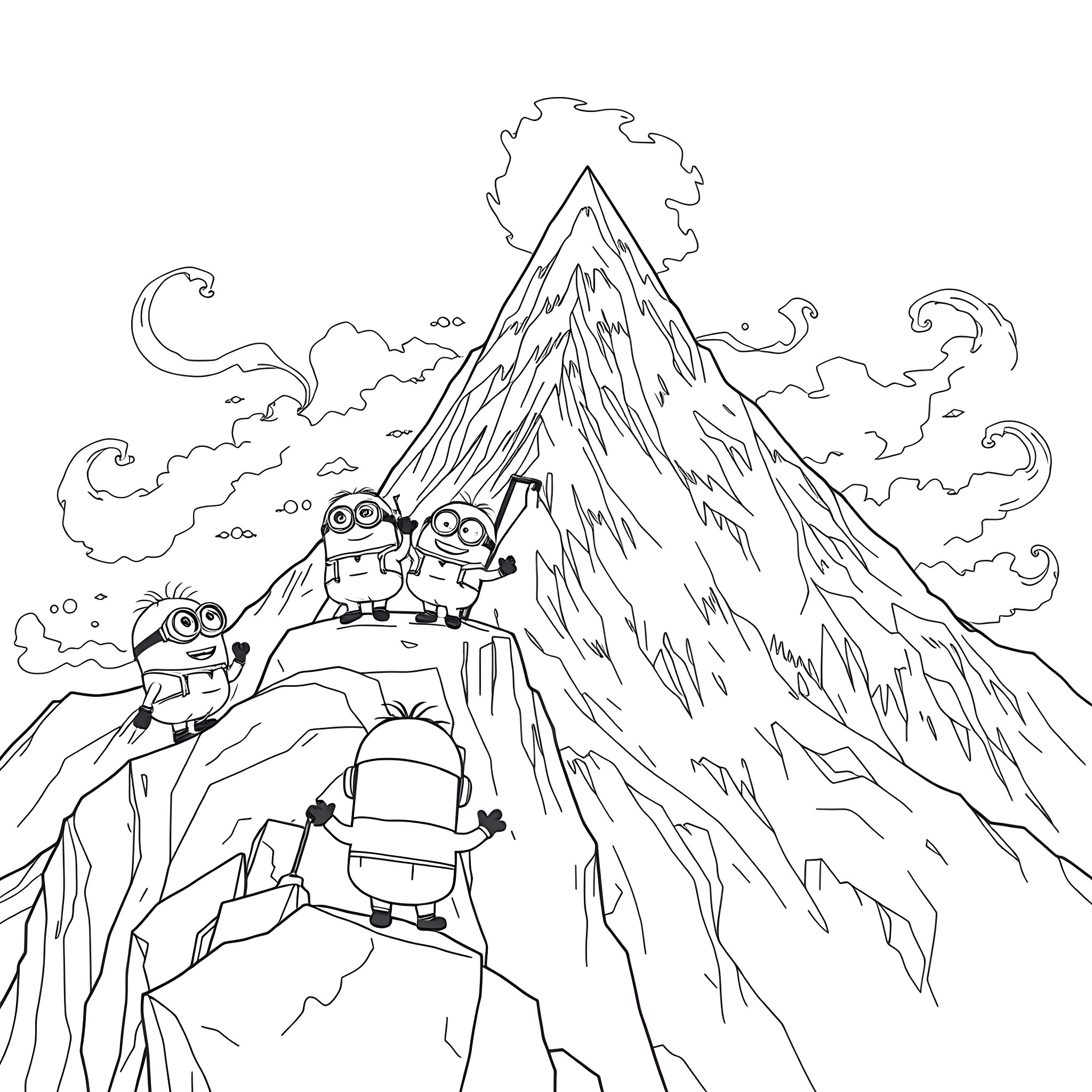 Minions scaling a majestic mountain Coloring Page (free black-and-white line drawing printable PDF for all, from beginners to advanced learners, including children, teens, adults, and seniors)