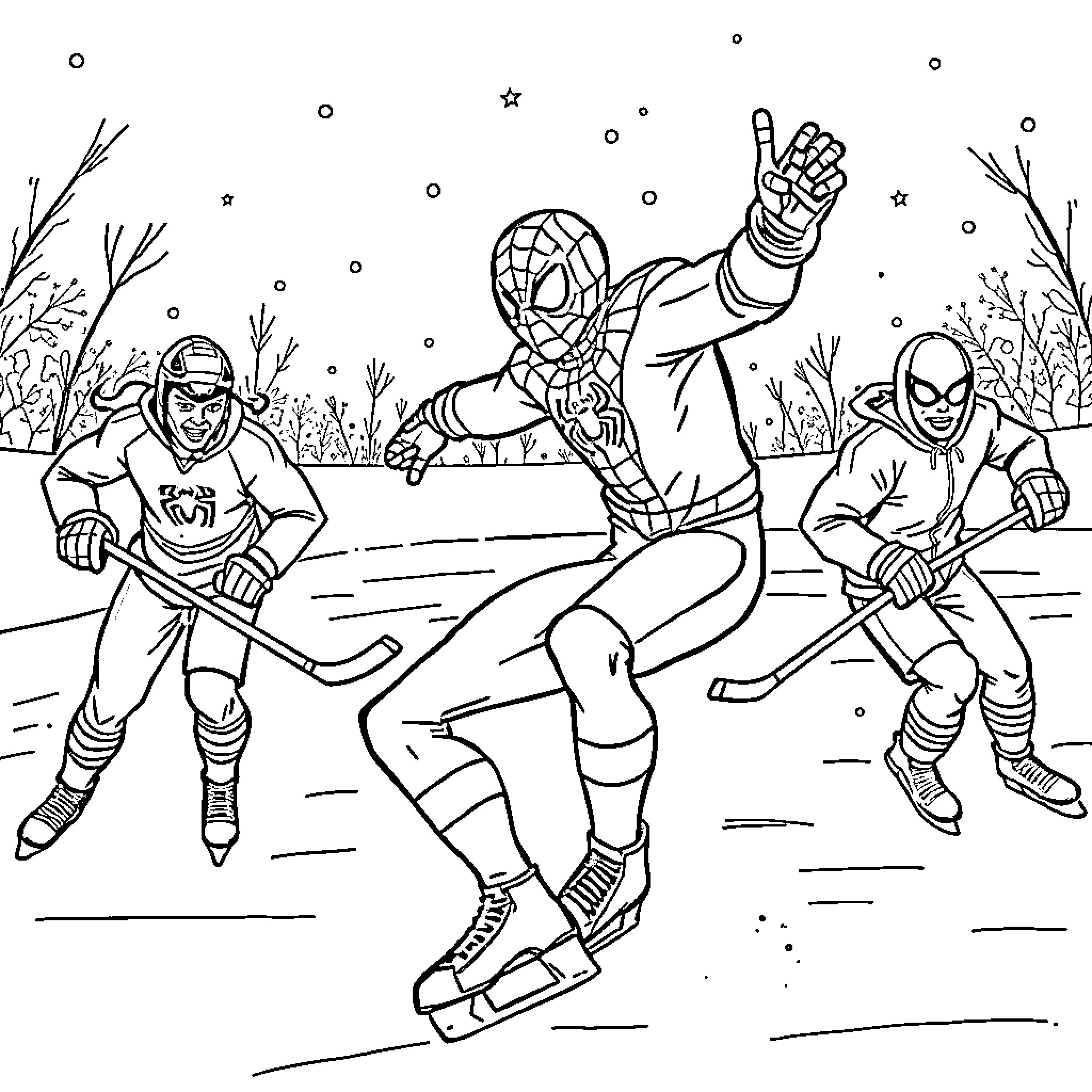 Spider-Man playing ice hockey with friends Coloring Page (free black-and-white line drawing printable PDF for all, from beginners to advanced learners, including children, teens, adults, and seniors)