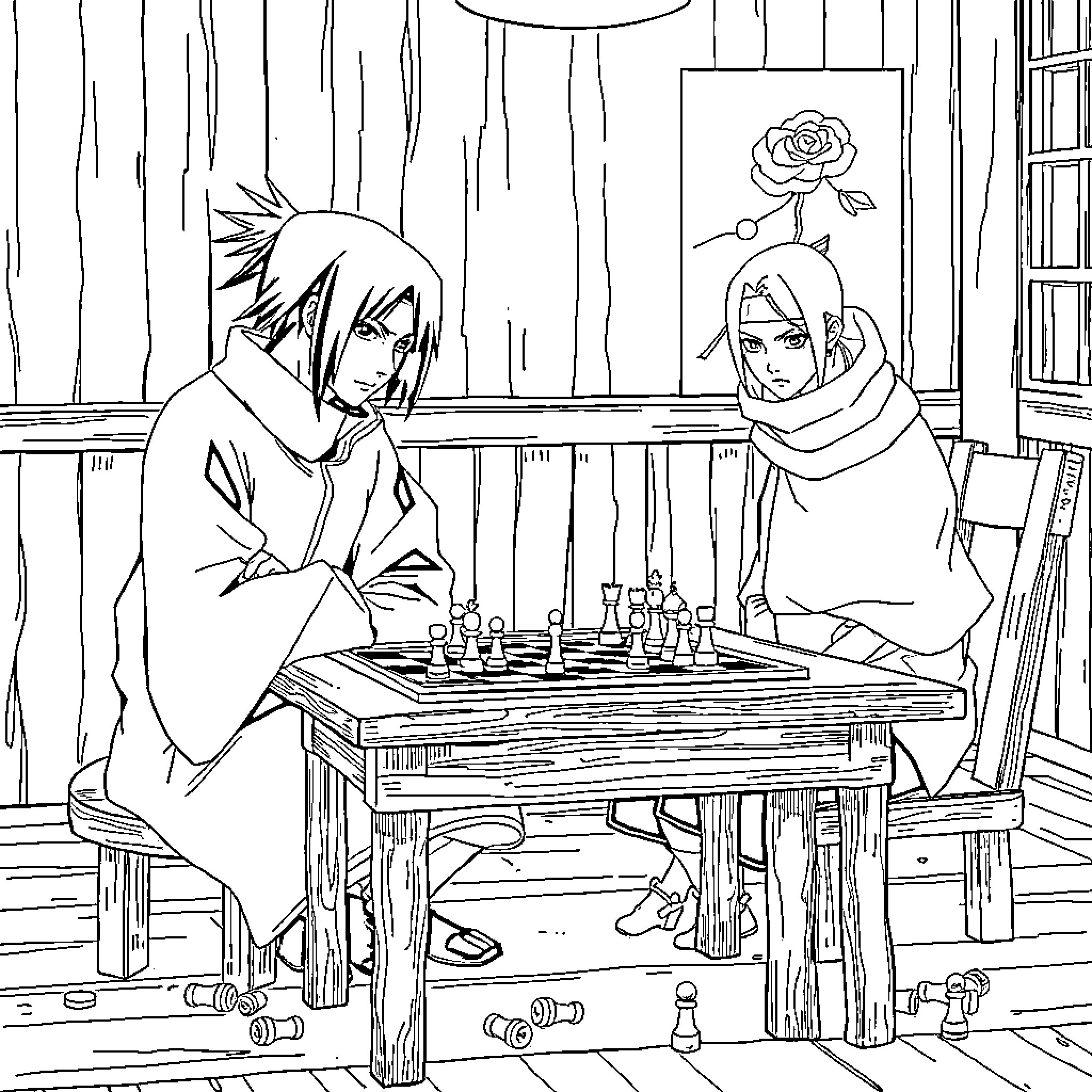 Itachi playing chess with a friend in a tranquil setting Coloring Page (free black-and-white line drawing printable PDF for all, from beginners to advanced learners, including children, teens, adults, and seniors)