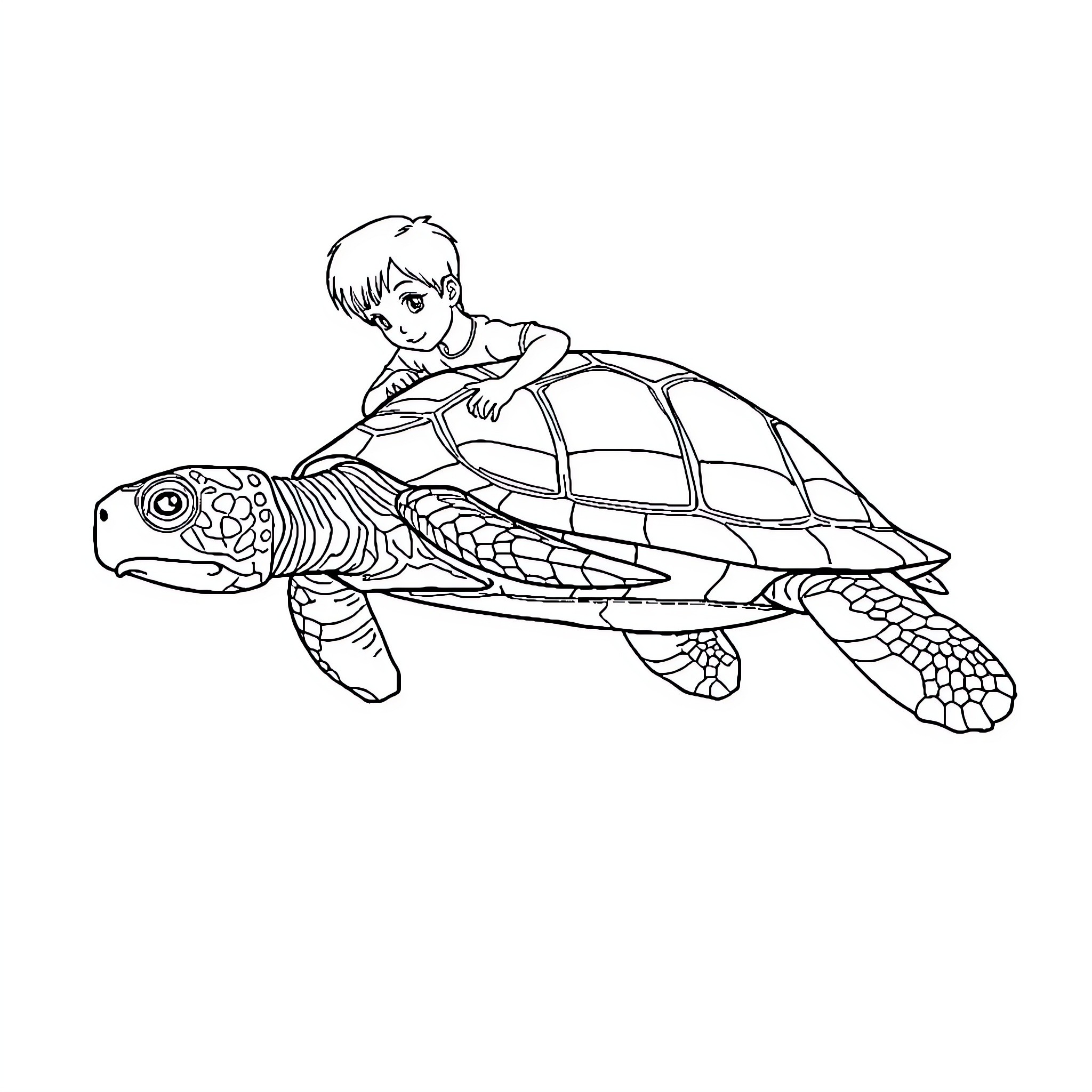 Turtle carrying child on its back Coloring Page (free black-and-white line drawing printable PDF for all, from beginners to advanced learners, including children, teens, adults, and seniors)