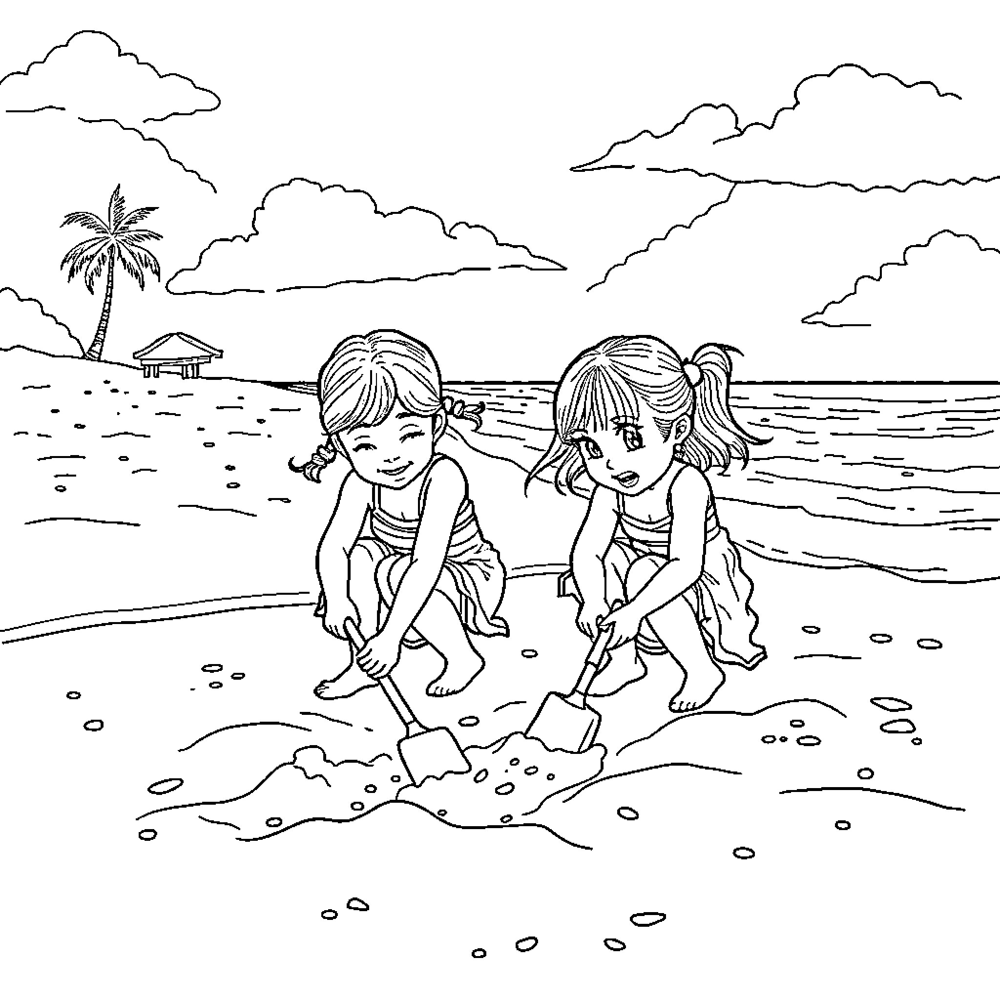 Sisters playing joyfully on the beach Coloring Page (free black-and-white line drawing printable PDF for all, from beginners to advanced learners, including children, teens, adults, and seniors)