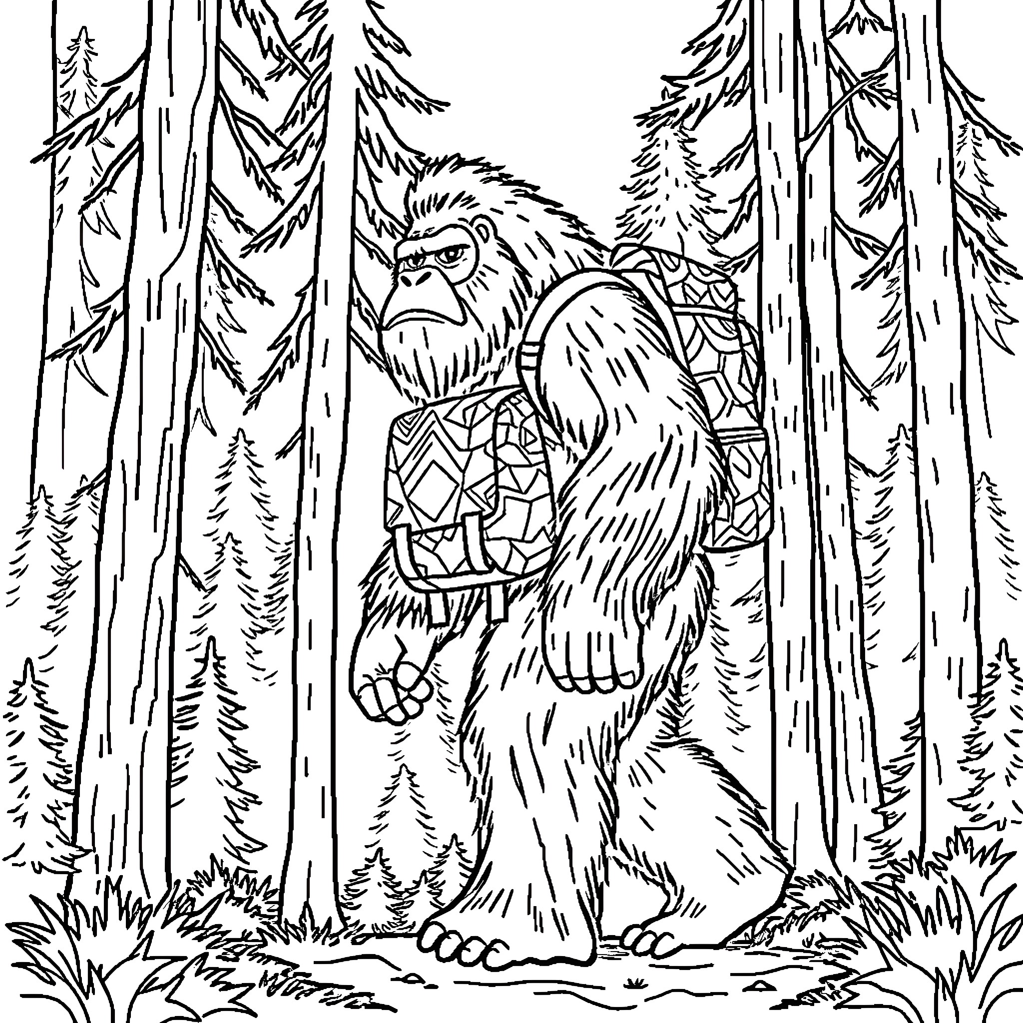 Bigfoot exploring the enchanted forest Coloring Page (free black-and-white line drawing printable PDF for all, from beginners to advanced learners, including children, teens, adults, and seniors)