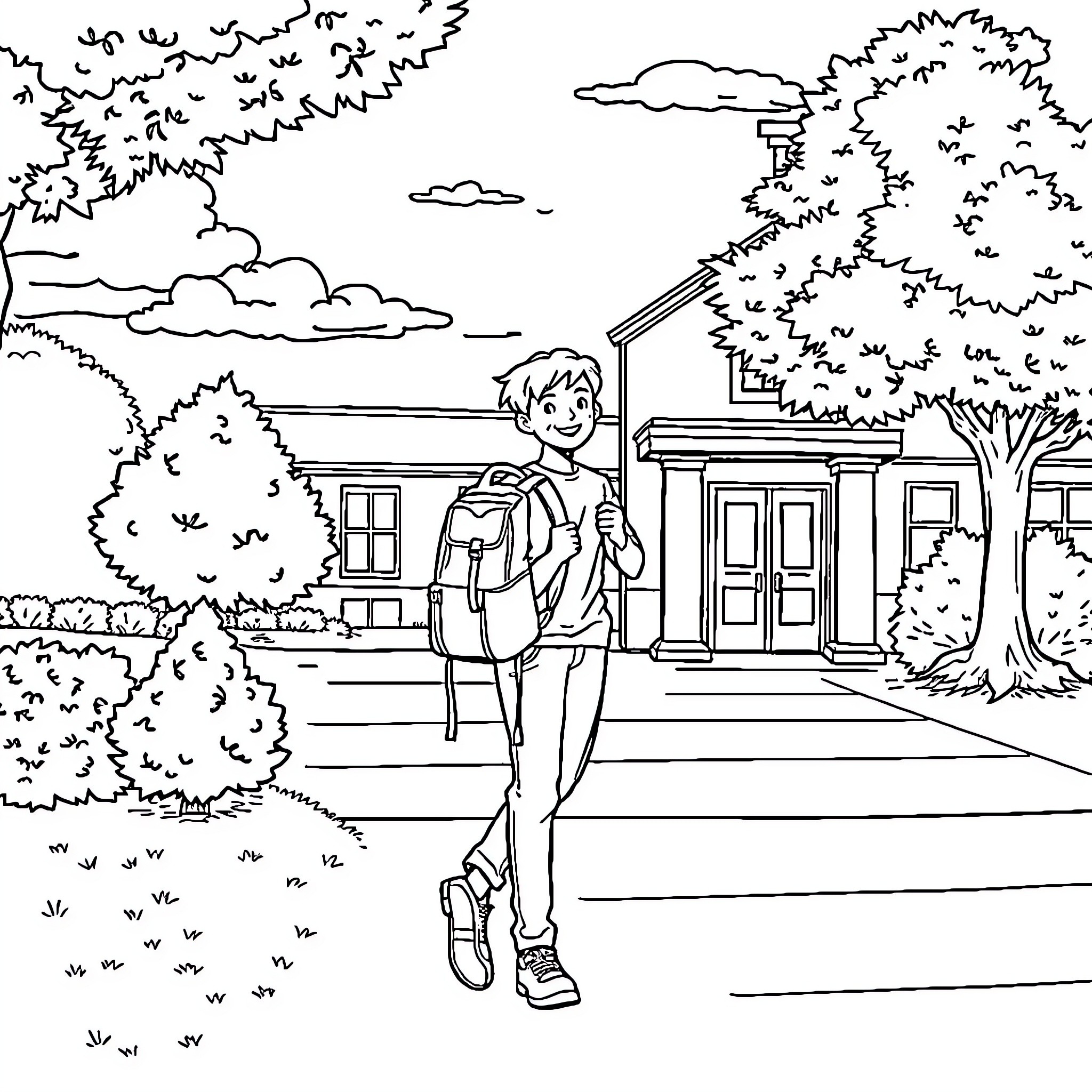 Teen walking to school on a sunny day Coloring Page (free black-and-white line drawing printable PDF for all, from beginners to advanced learners, including children, teens, adults, and seniors)