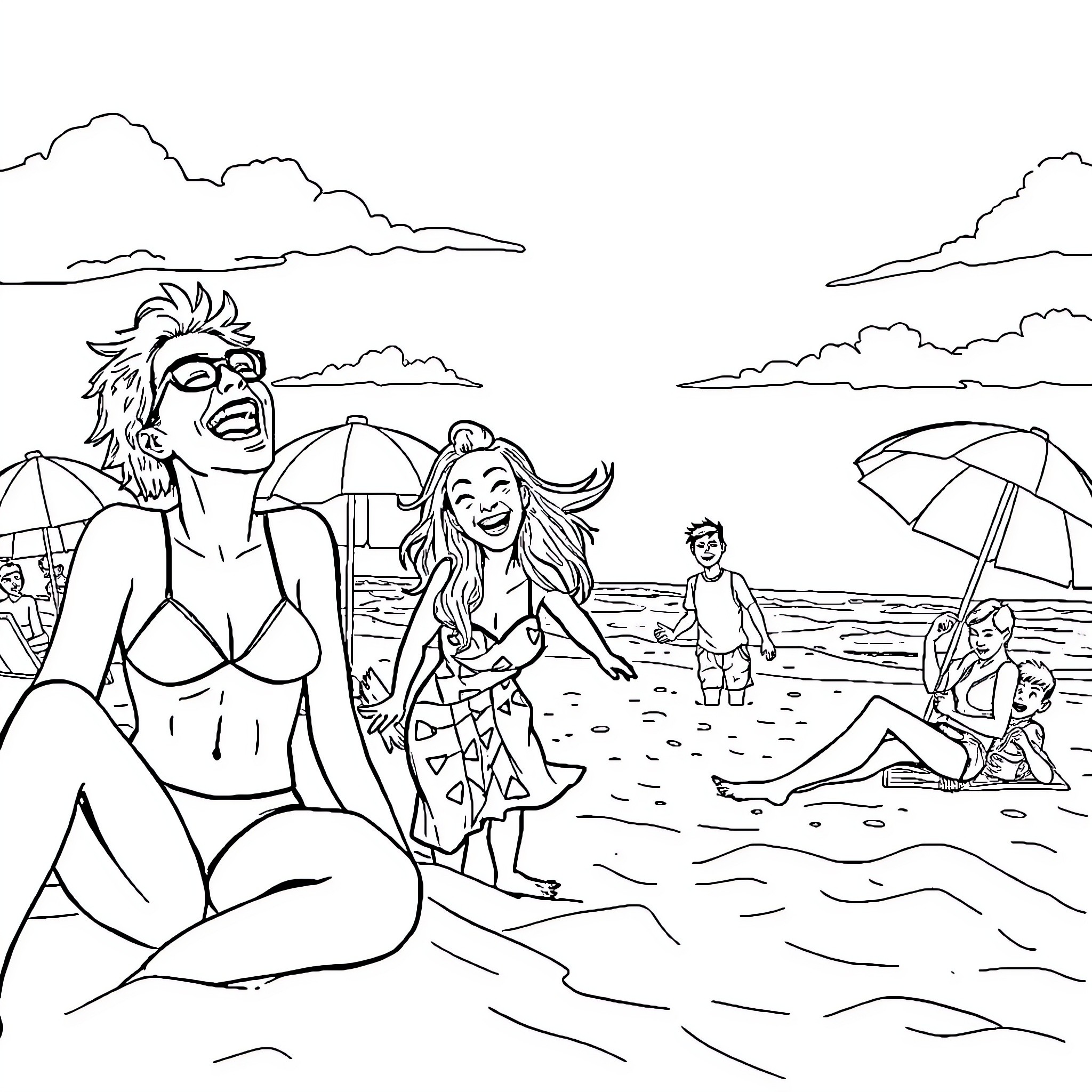 Woman enjoying a sunny day at the beach with family Coloring Page (free black-and-white line drawing printable PDF for all, from beginners to advanced learners, including children, teens, adults, and seniors)
