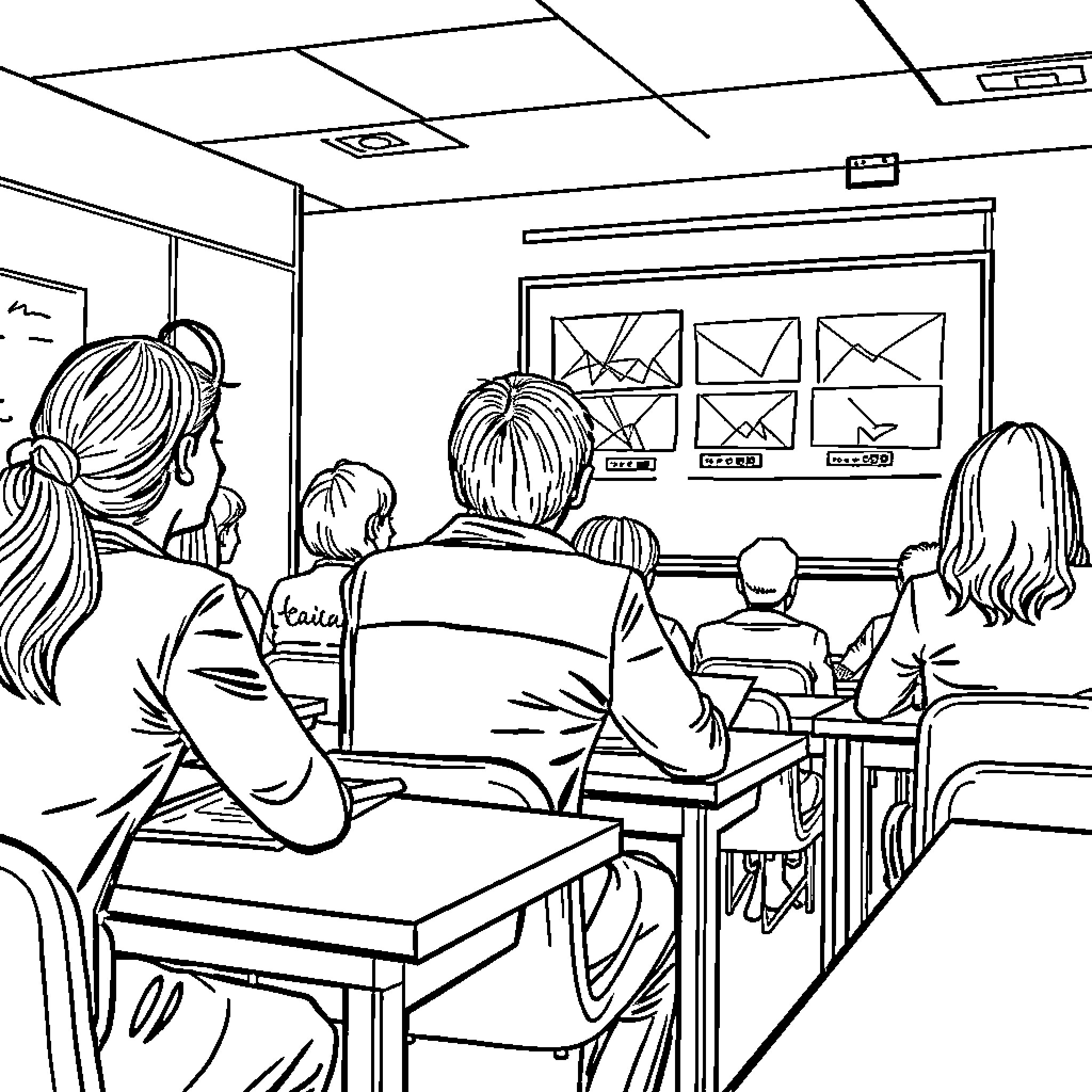 Teacher Guiding Students in a Classroom Setting Coloring Page (free black-and-white line drawing printable PDF for all, from beginners to advanced learners, including children, teens, adults, and seniors)