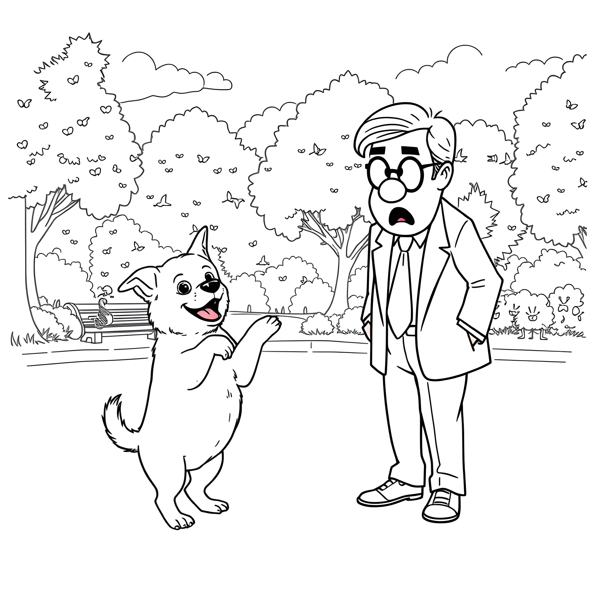 Dog and man walking in the park Coloring Page (free black-and-white line drawing printable PDF for all, from beginners to advanced learners, including children, teens, adults, and seniors)