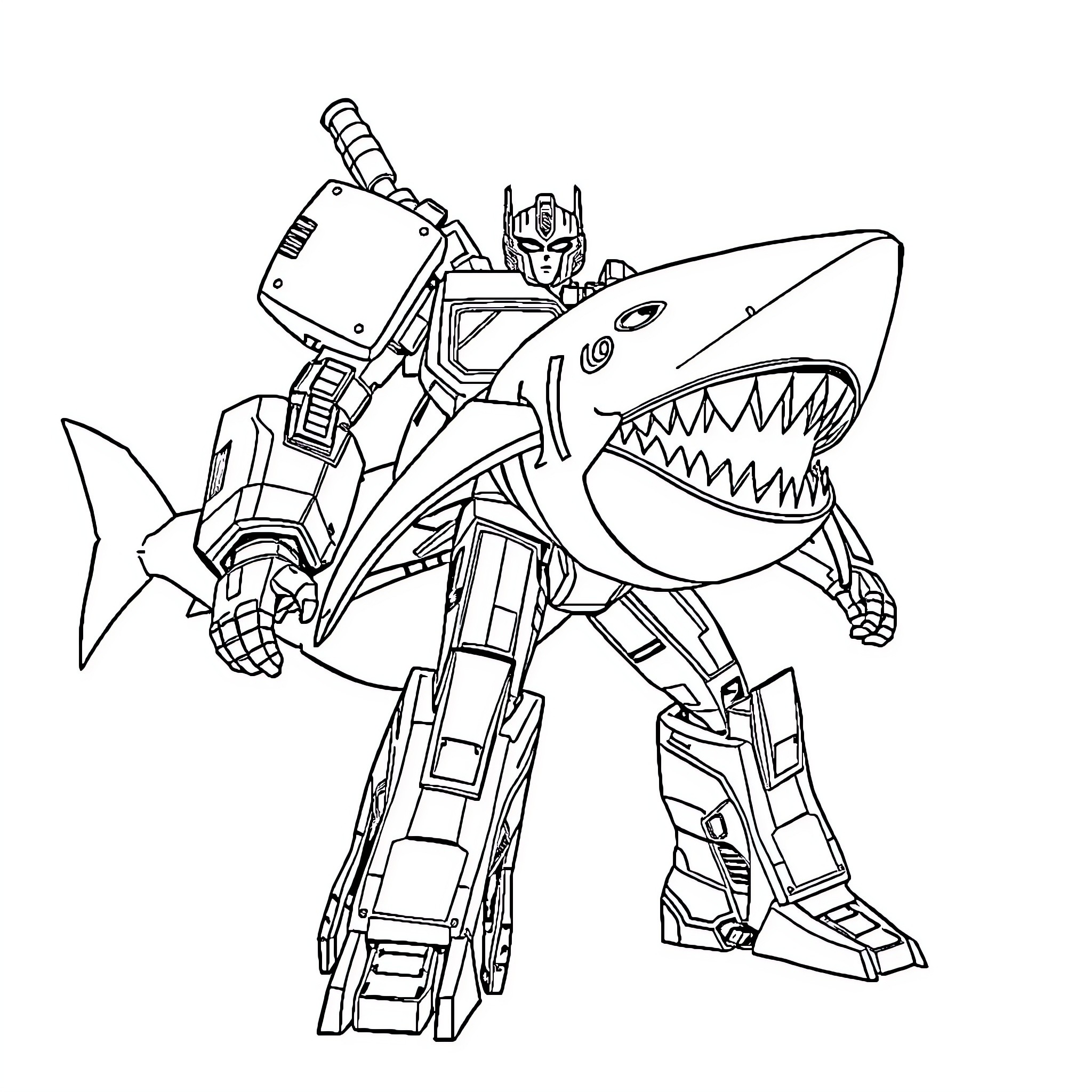 Shark-themed robot warrior in action Coloring Page (free black-and-white line drawing printable PDF for all, from beginners to advanced learners, including children, teens, adults, and seniors)