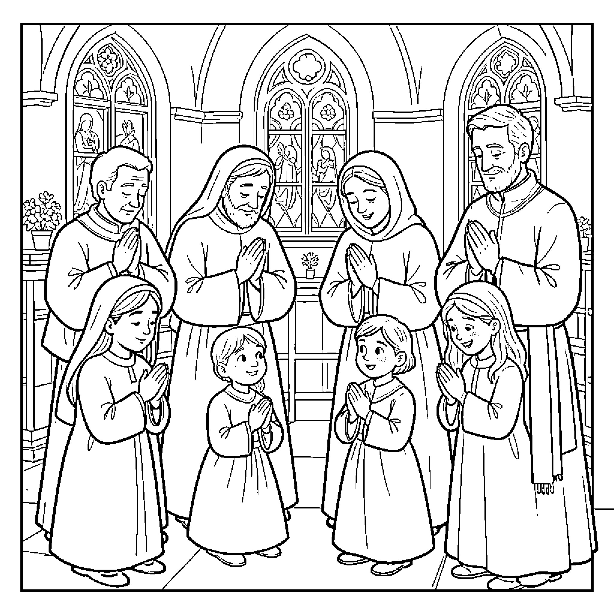 Family praying together inside a church Coloring Page (free black-and-white line drawing printable PDF for all, from beginners to advanced learners, including children, teens, adults, and seniors)