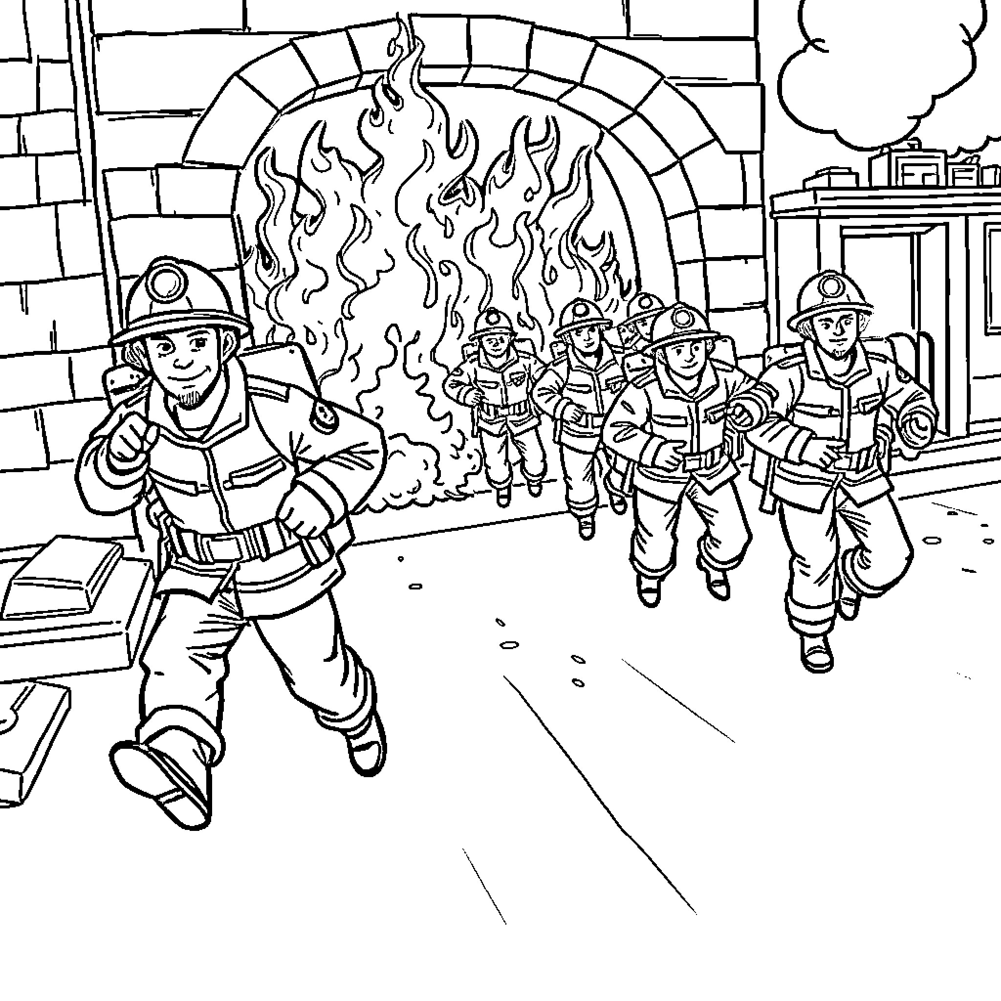 Firefighters responding to emergency with urgency Coloring Page (free black-and-white line drawing printable PDF for all, from beginners to advanced learners, including children, teens, adults, and seniors)