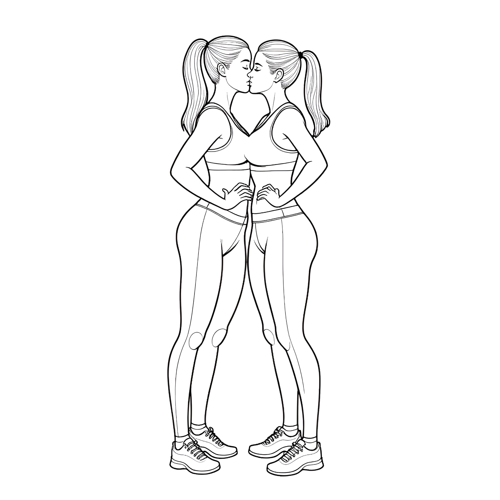 Woman embracing another woman tenderly Coloring Page (free black-and-white line drawing printable PDF for all, from beginners to advanced learners, including children, teens, adults, and seniors)