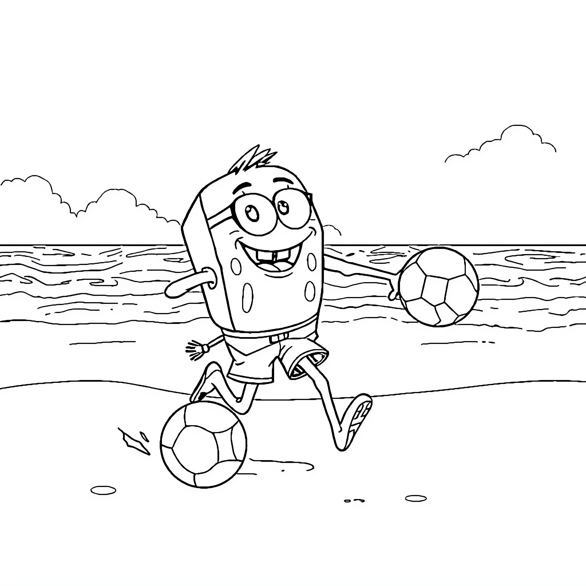 Bob esponja playing soccer on the beach Coloring Page (free black-and-white line drawing printable PDF for all, from beginners to advanced learners, including children, teens, adults, and seniors)