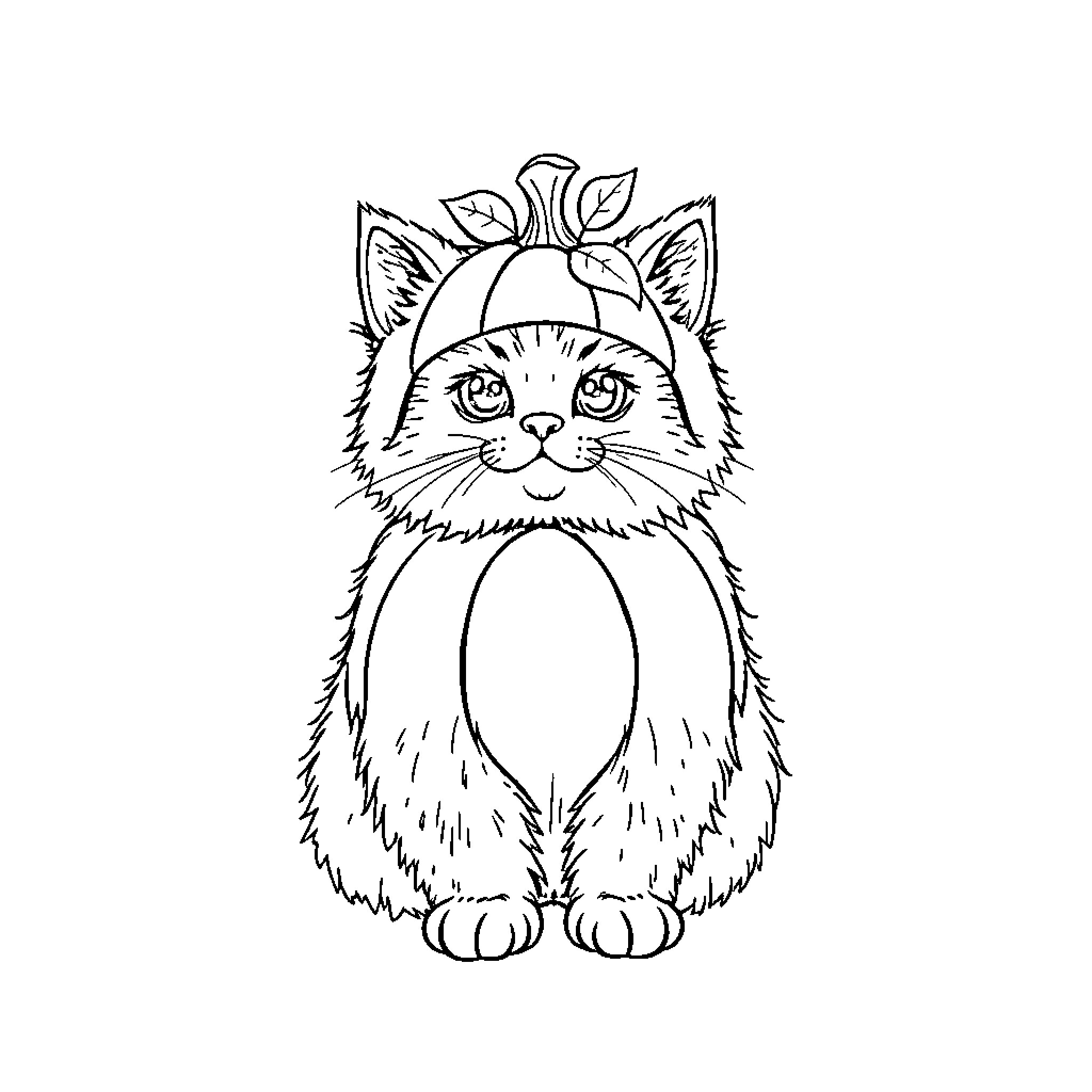 Cat wearing a leaf crown Coloring Page (free black-and-white line drawing printable PDF for all, from beginners to advanced learners, including children, teens, adults, and seniors)