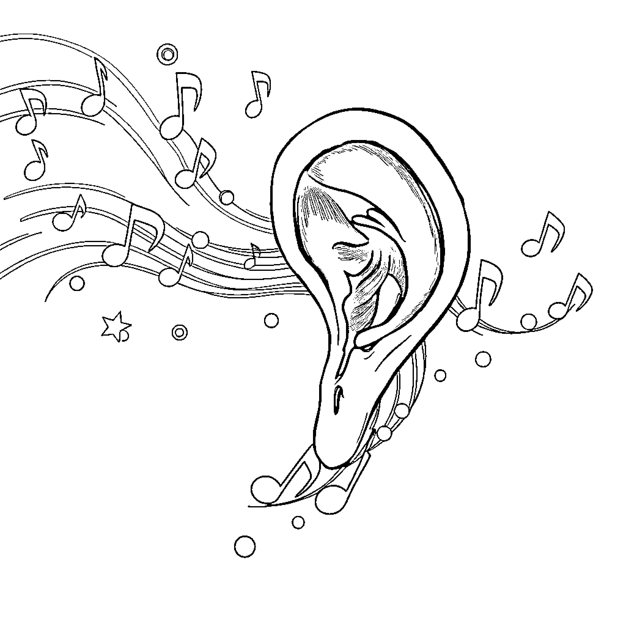 Music Note Dancing Playfully with Musical Symbols Coloring Page (free black-and-white line drawing printable PDF for all, from beginners to advanced learners, including children, teens, adults, and seniors)