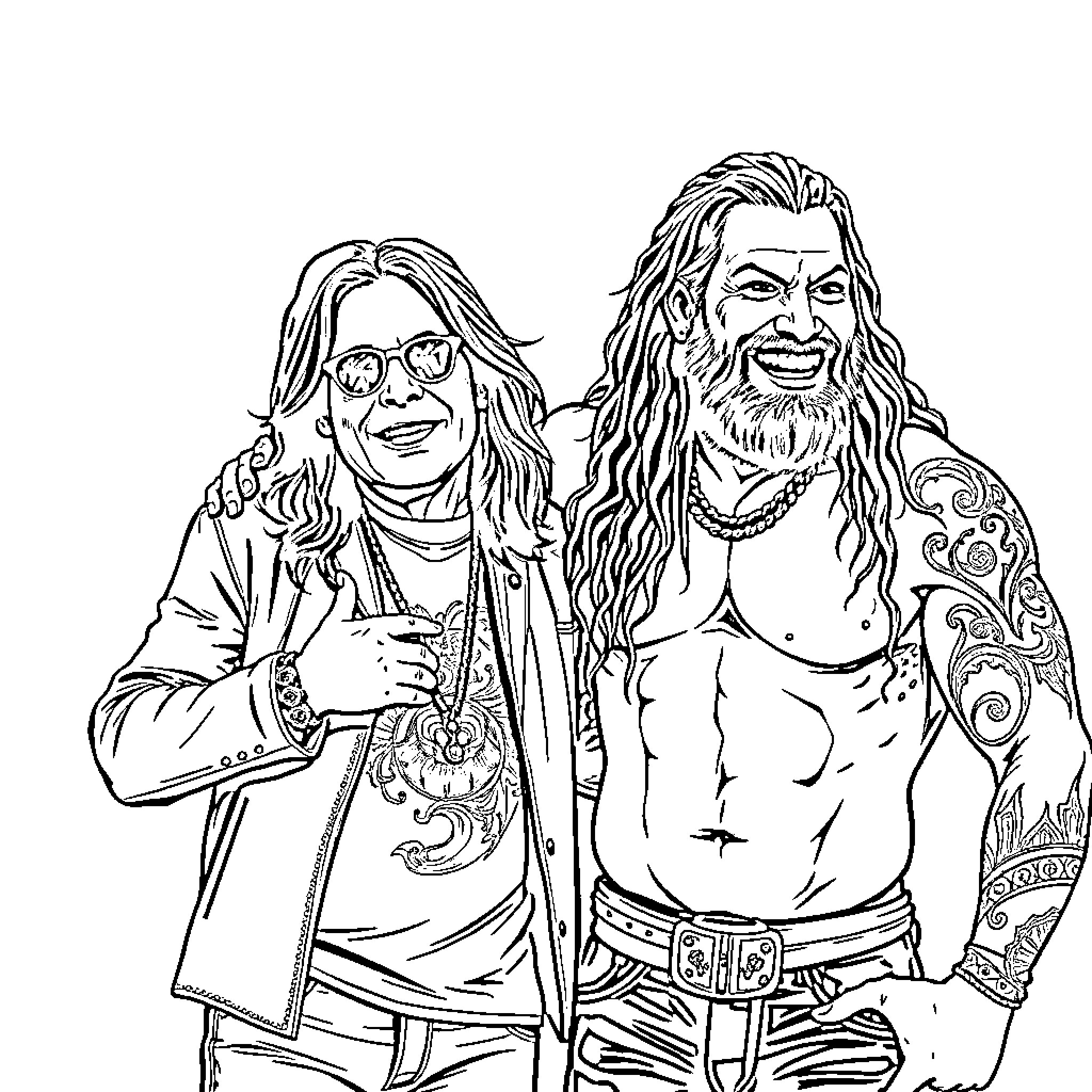 Ozzy and friend's expressive portrayal Coloring Page (free black-and-white line drawing printable PDF for all, from beginners to advanced learners, including children, teens, adults, and seniors)