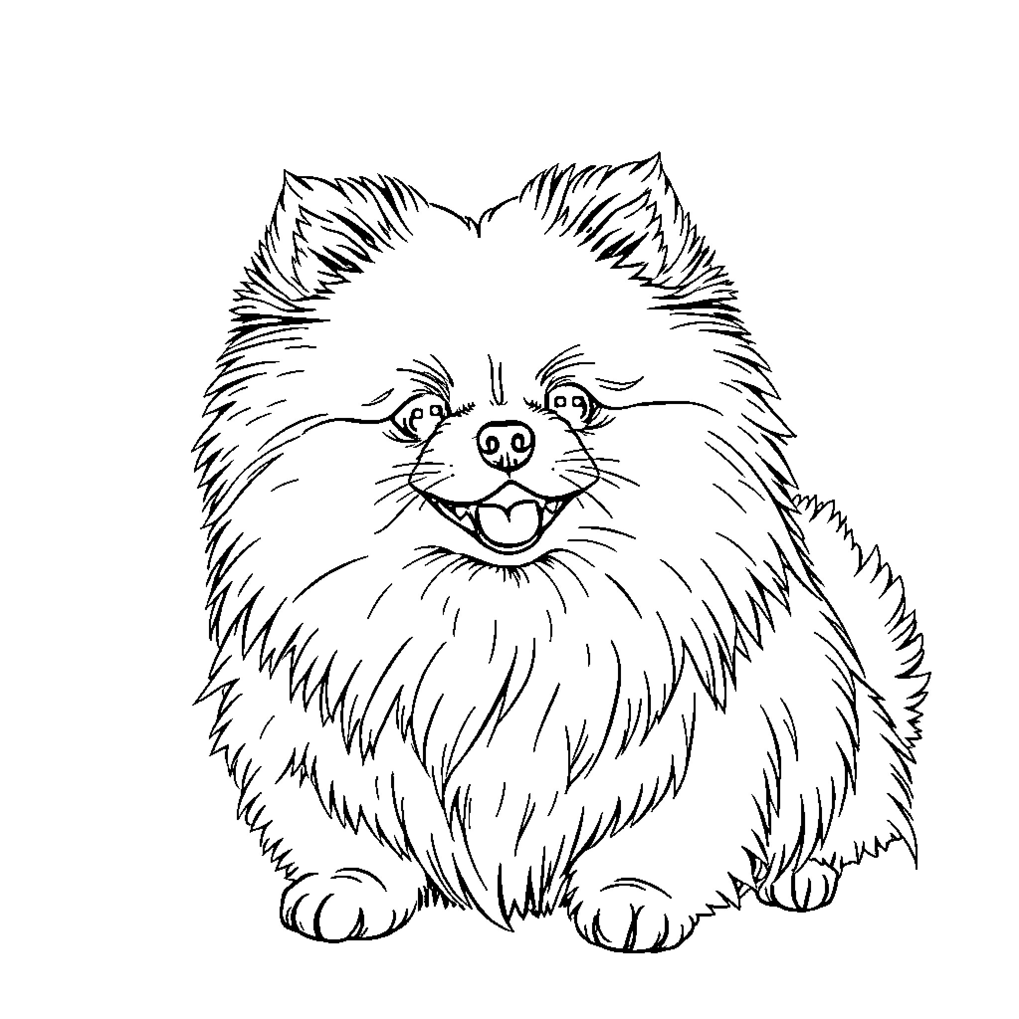 Pomeranian with happy expression Coloring Page (free black-and-white line drawing printable PDF for all, from beginners to advanced learners, including children, teens, adults, and seniors)