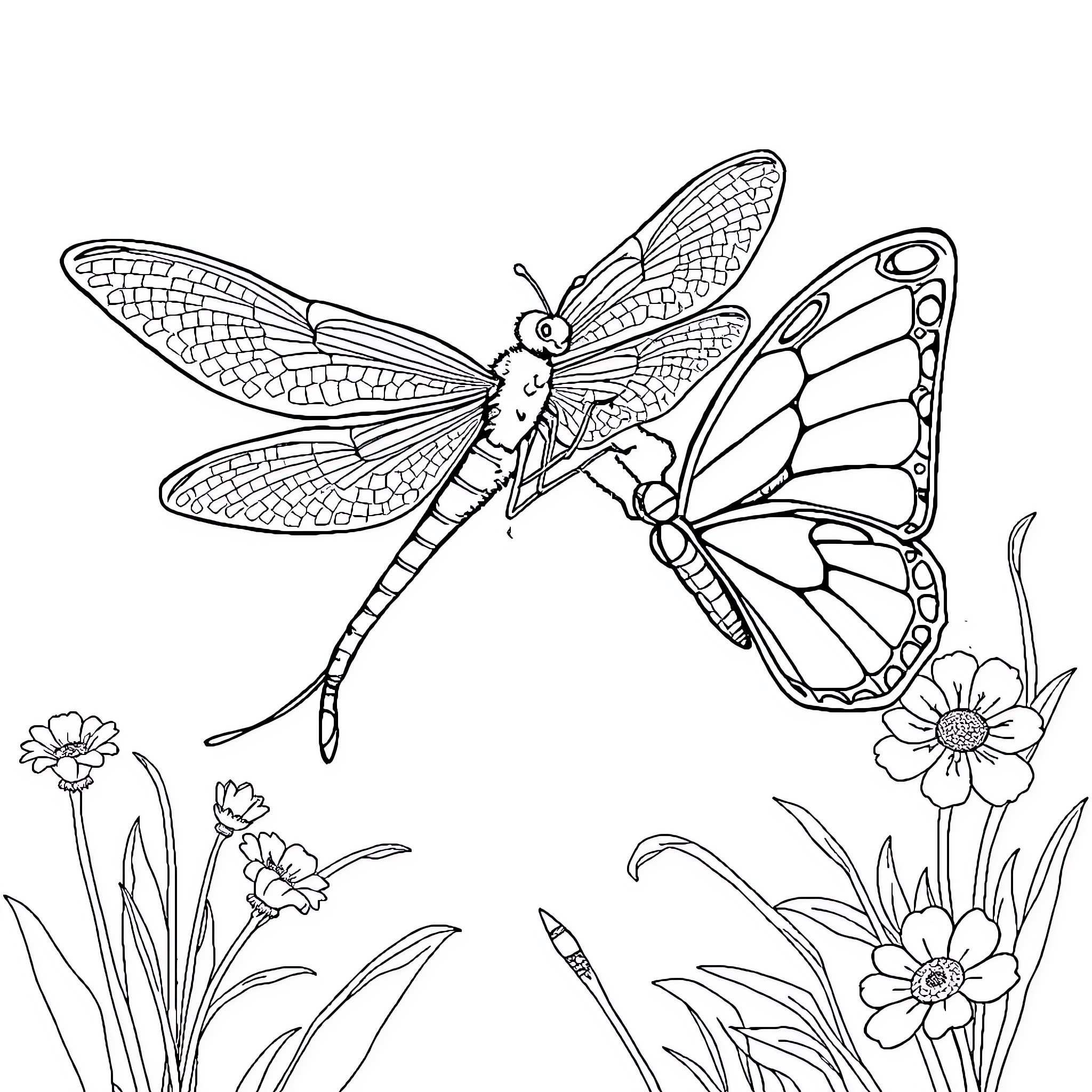 Dragonfly and butterflies among floral details Coloring Page (free black-and-white line drawing printable PDF for all, from beginners to advanced learners, including children, teens, adults, and seniors)