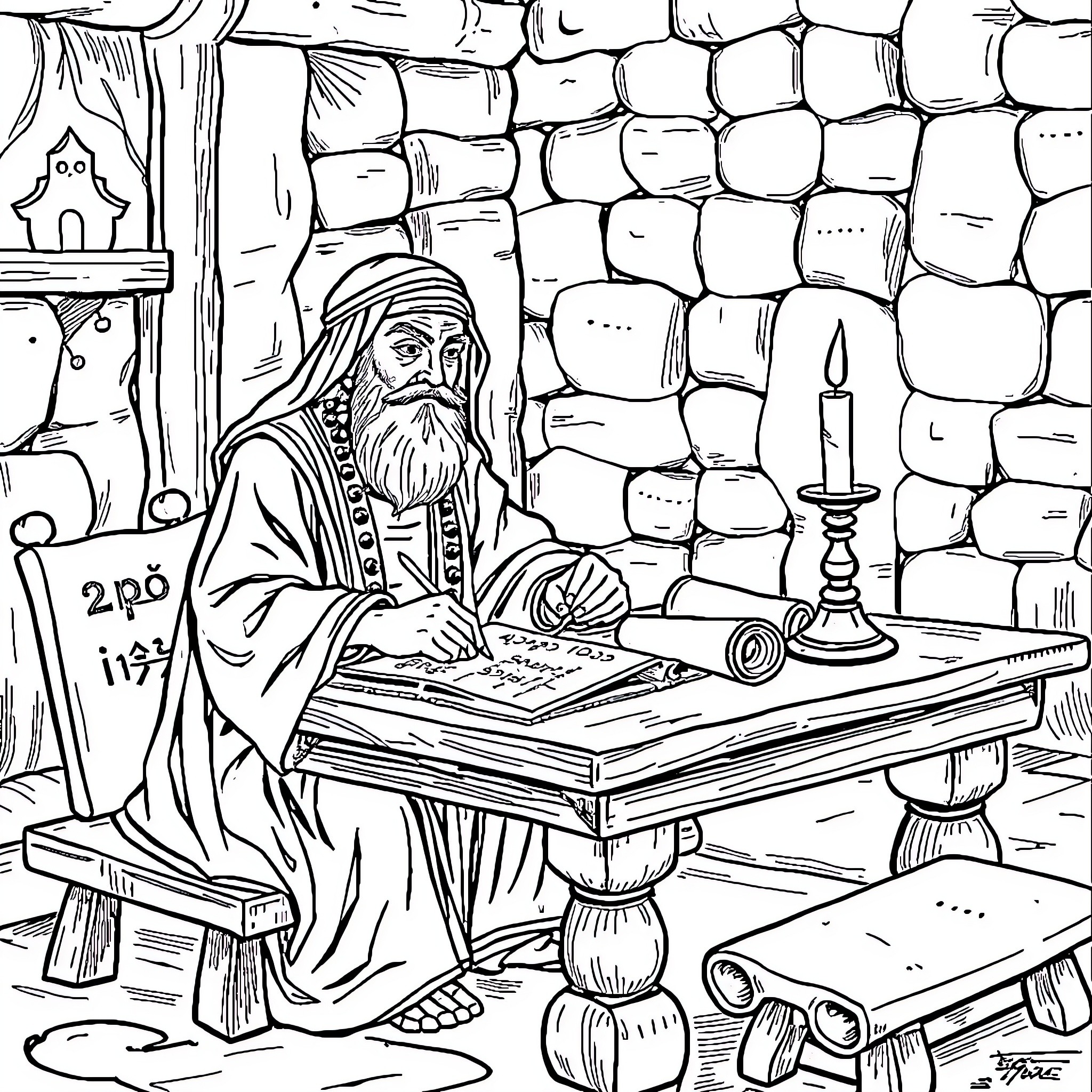 Khawarizmi Working Diligently in Candlelit Study Coloring Page (free black-and-white line drawing printable PDF for all, from beginners to advanced learners, including children, teens, adults, and seniors)