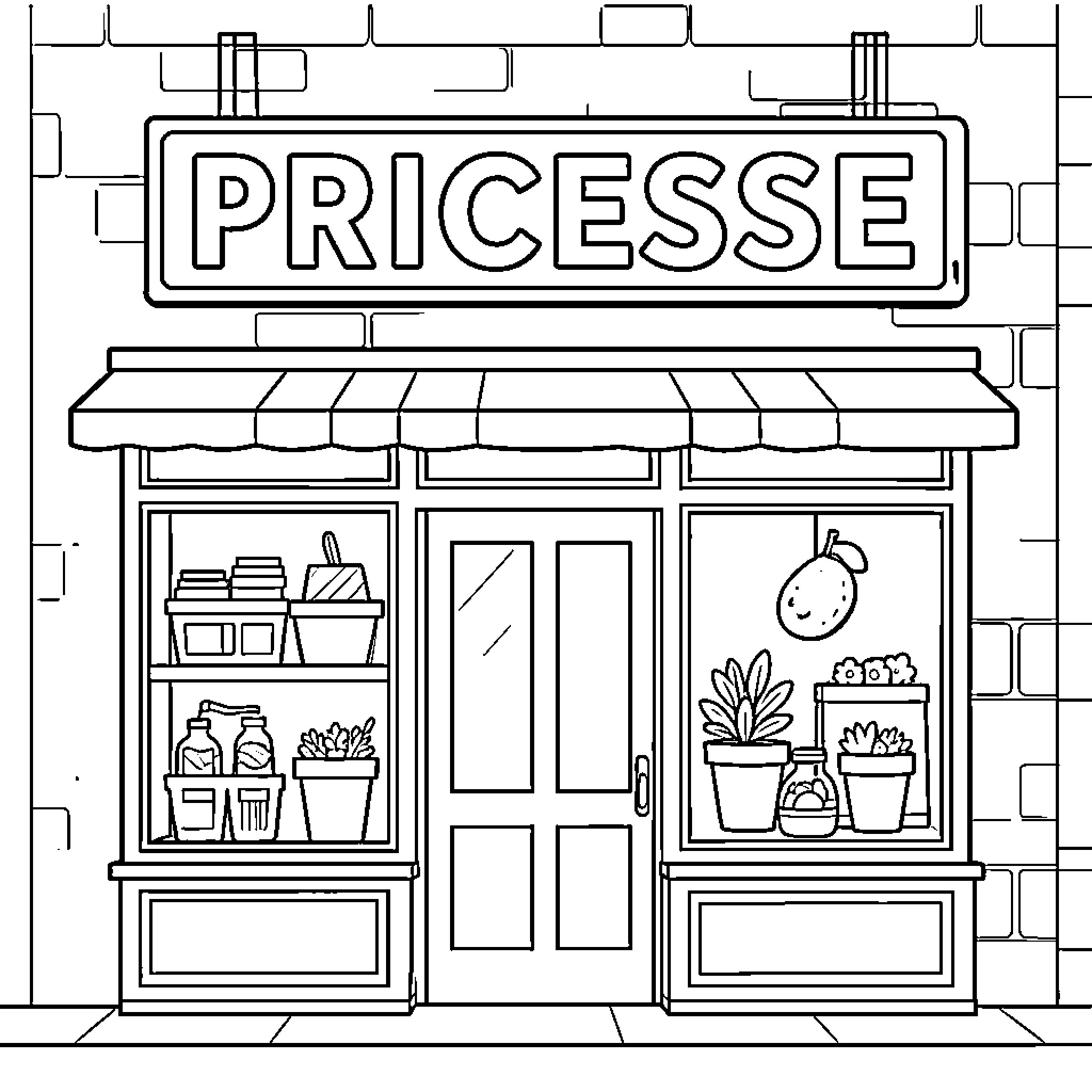 PRICESSE storefront displaying various goods in windows Coloring Page (free black-and-white line drawing printable PDF for all, from beginners to advanced learners, including children, teens, adults, and seniors)