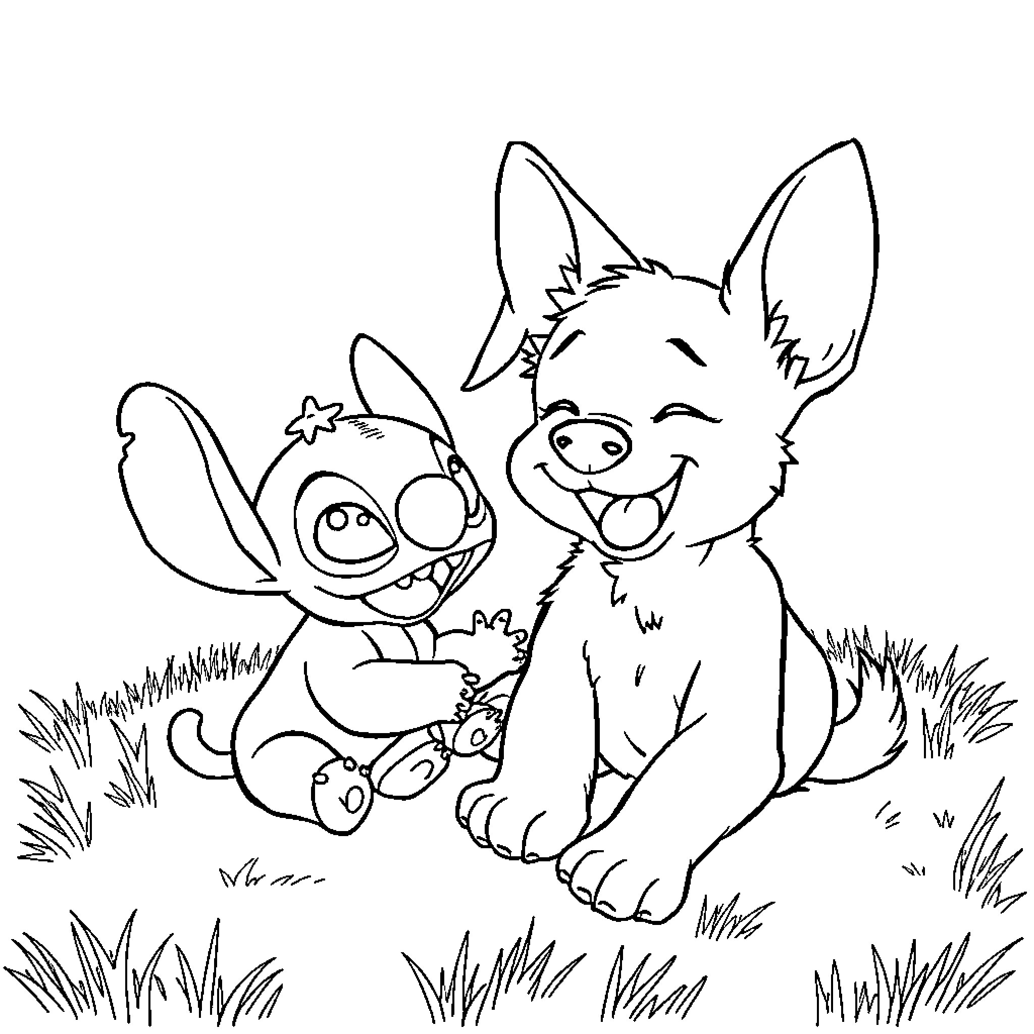 Rumi's Playful Adventure with Furry Friends Coloring Page (free black-and-white line drawing printable PDF for all, from beginners to advanced learners, including children, teens, adults, and seniors)