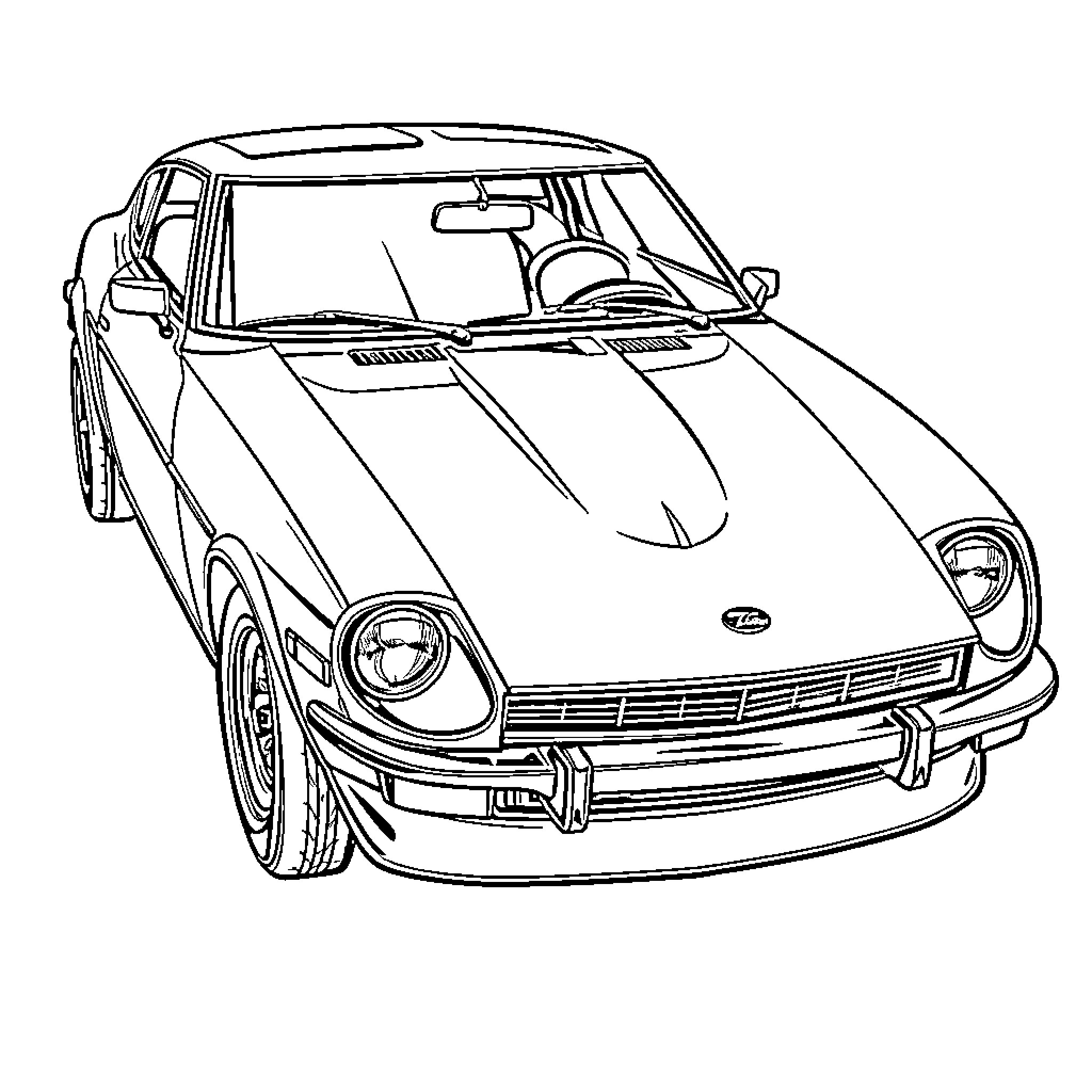 Datsun sports car in black and white line drawing Coloring Page (free black-and-white line drawing printable PDF for all, from beginners to advanced learners, including children, teens, adults, and seniors)