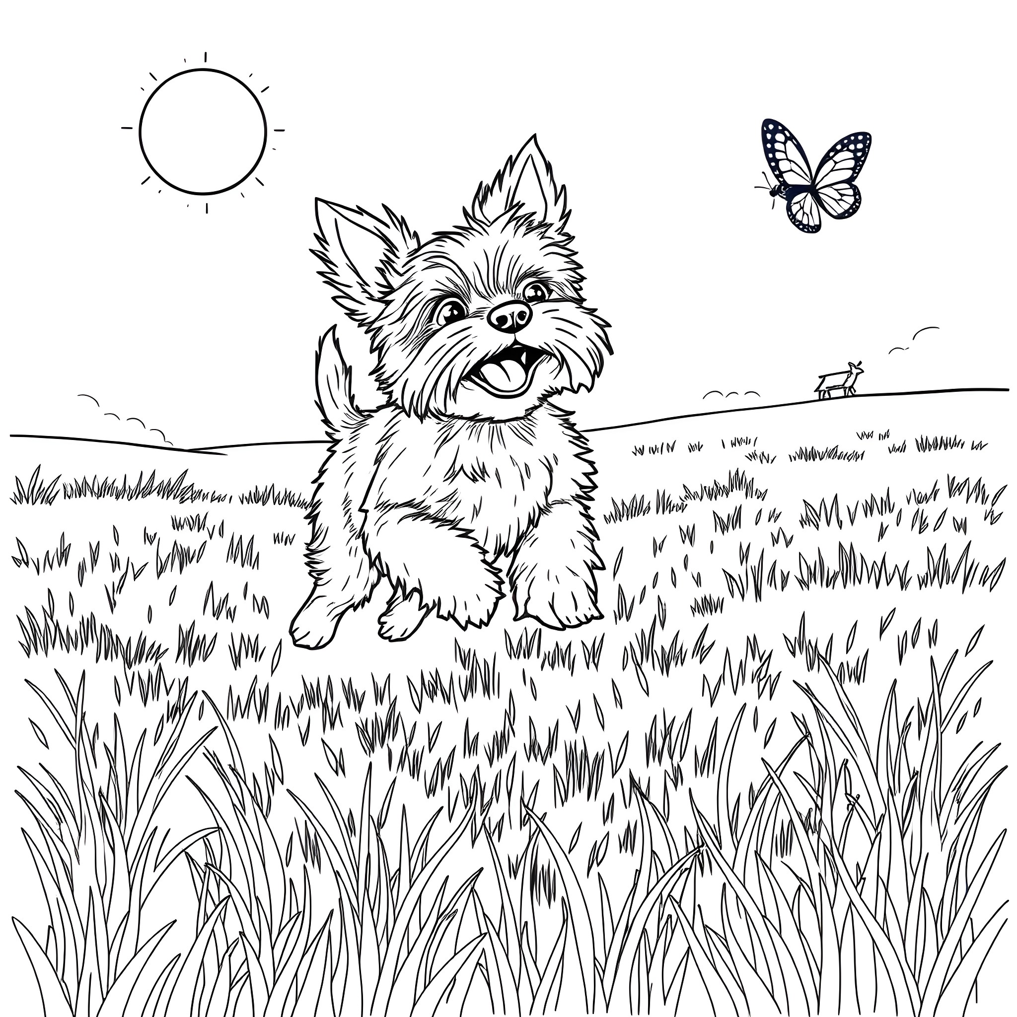 Yorkie playing joyfully in a grassy field Coloring Page (free black-and-white line drawing printable PDF for all, from beginners to advanced learners, including children, teens, adults, and seniors)