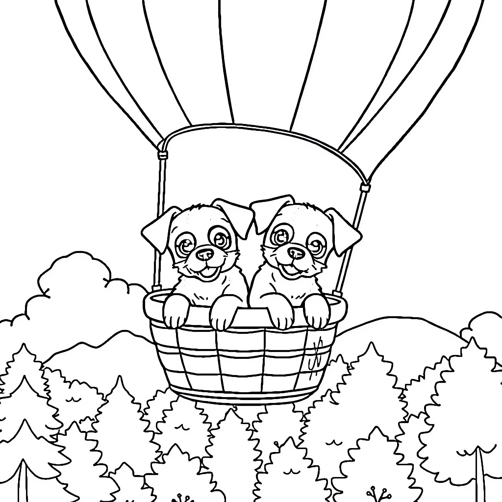 Puppies riding in a hot air balloon Coloring Page (free black-and-white line drawing printable PDF for all, from beginners to advanced learners, including children, teens, adults, and seniors)