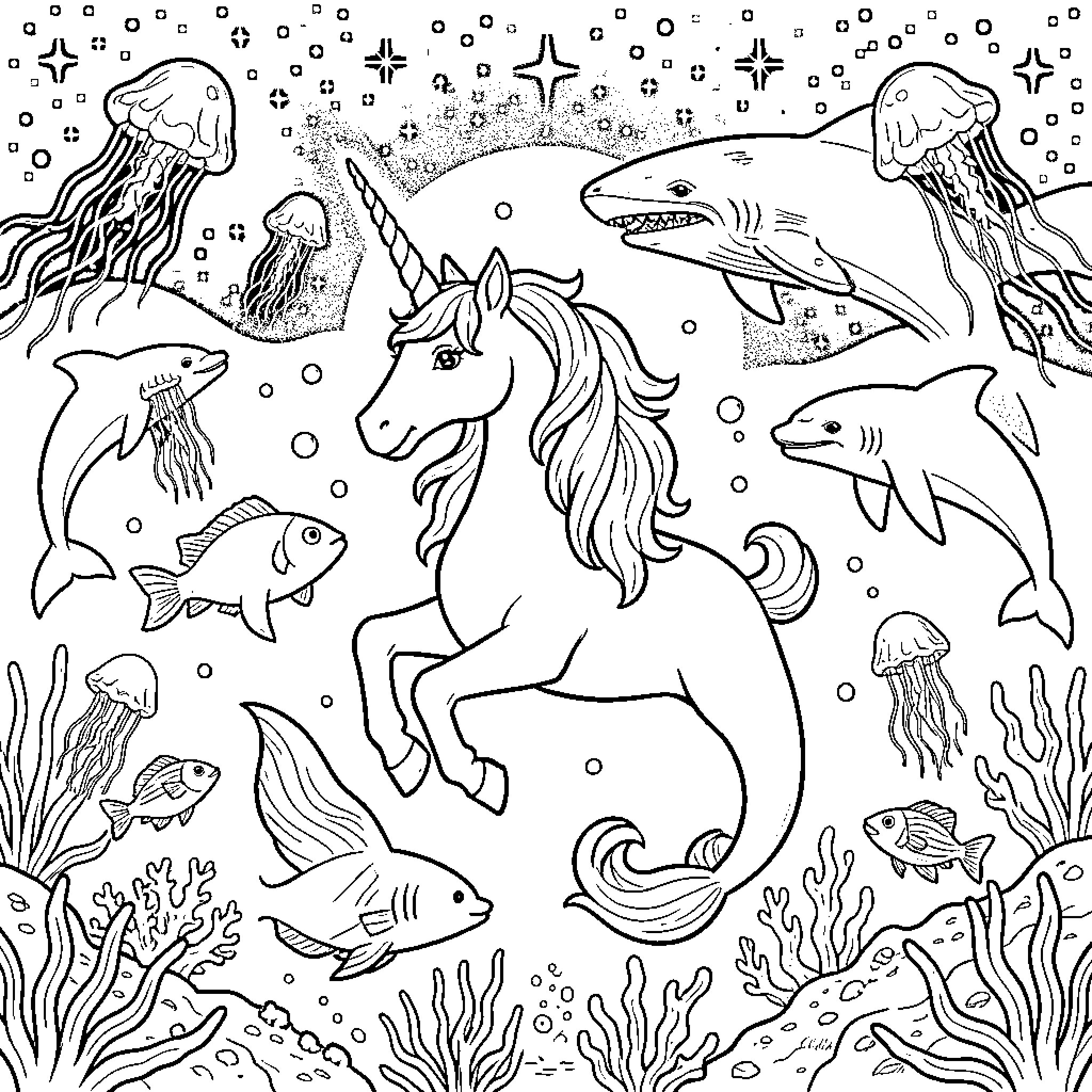 Licorne swimming among sea creatures in the ocean Coloring Page (free black-and-white line drawing printable PDF for all, from beginners to advanced learners, including children, teens, adults, and seniors)