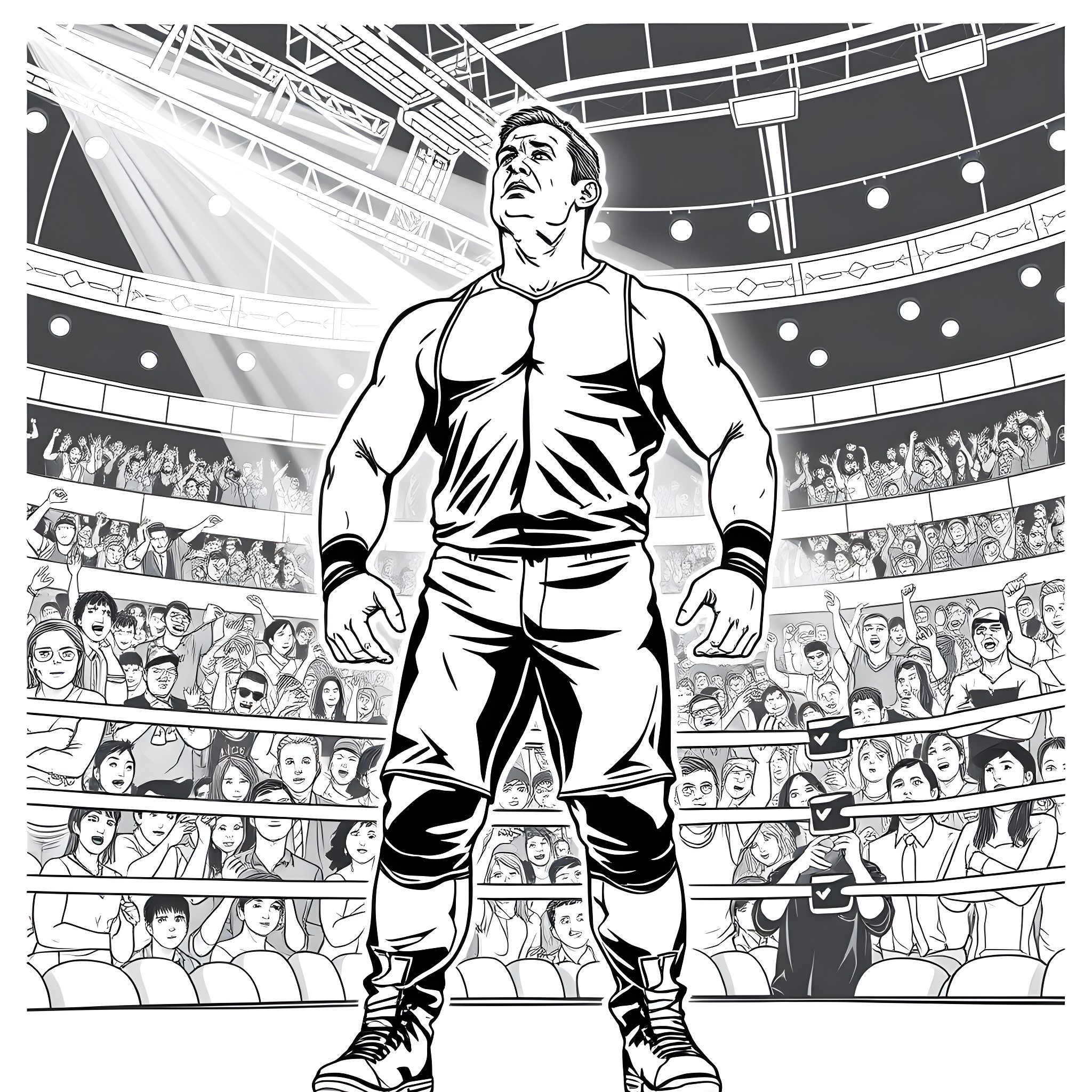 John Cena standing tall in the wrestling ring Coloring Page (free black-and-white line drawing printable PDF for all, from beginners to advanced learners, including children, teens, adults, and seniors)