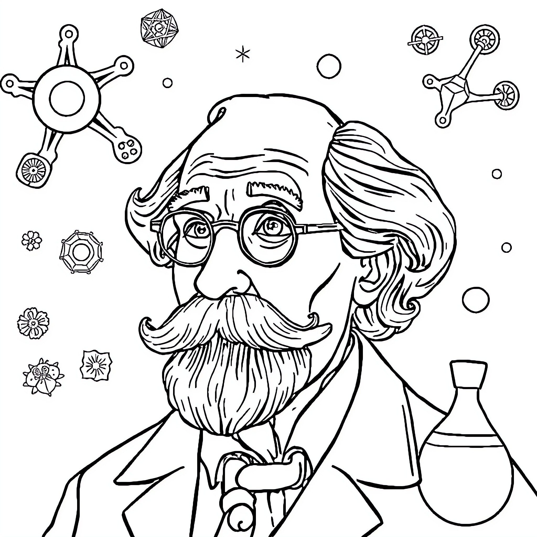 Scientist Experiments with Scientific Instruments Coloring Page (free black-and-white line drawing printable PDF for all, from beginners to advanced learners, including children, teens, adults, and seniors)