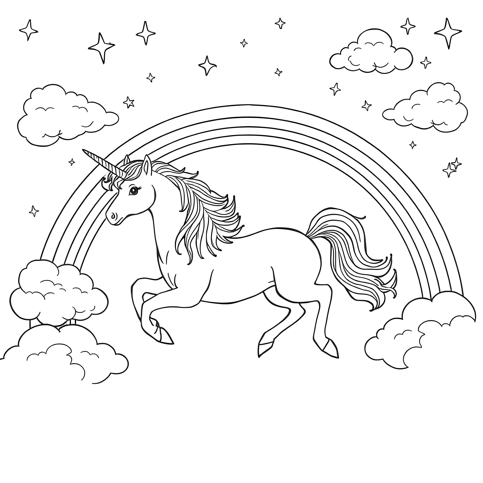 Unicorn Running Happily through Starry Skies Coloring Page (free black-and-white line drawing printable PDF for all, from beginners to advanced learners, including children, teens, adults, and seniors)
