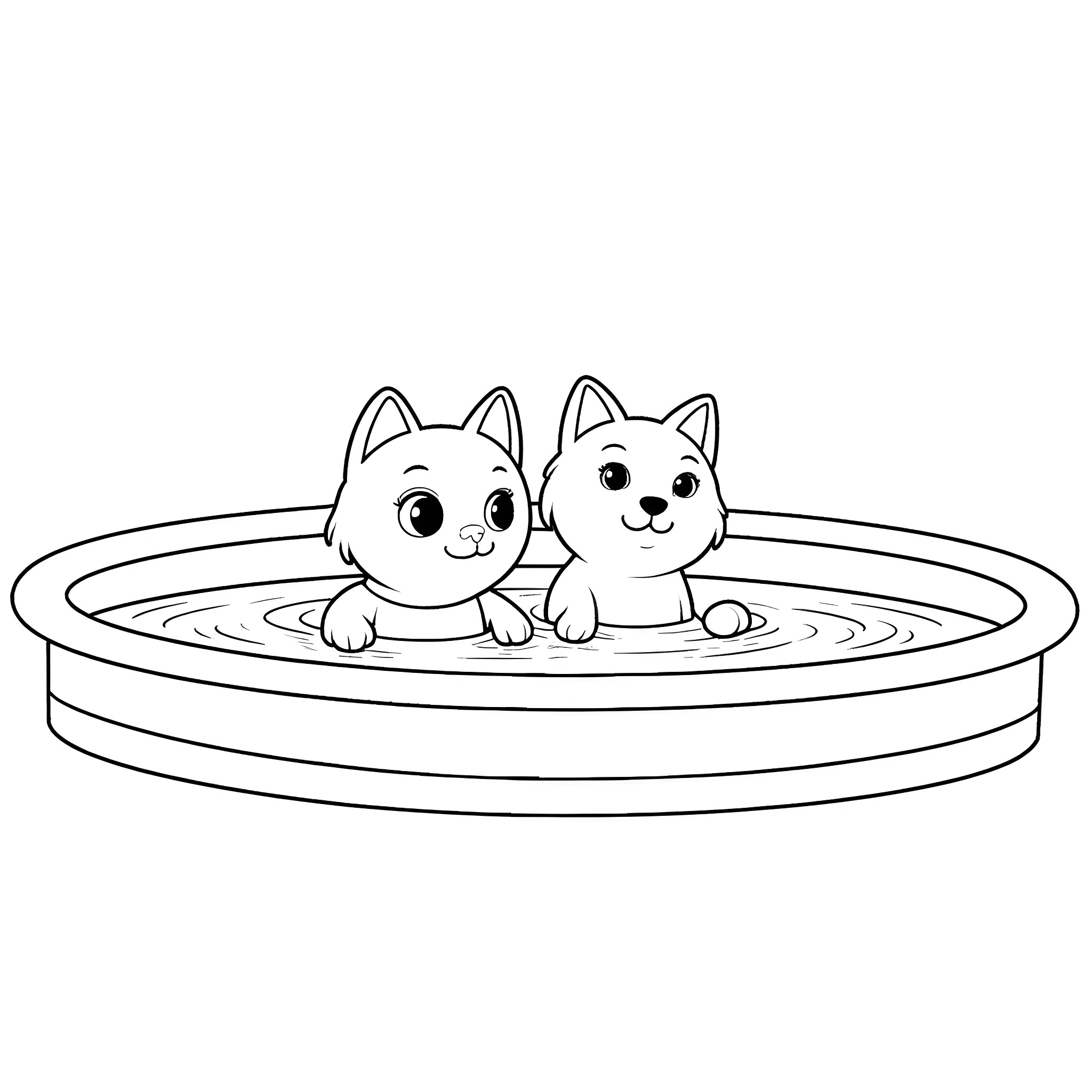 Cats playing in a pet bath Coloring Page (free black-and-white line drawing printable PDF for all, from beginners to advanced learners, including children, teens, adults, and seniors)