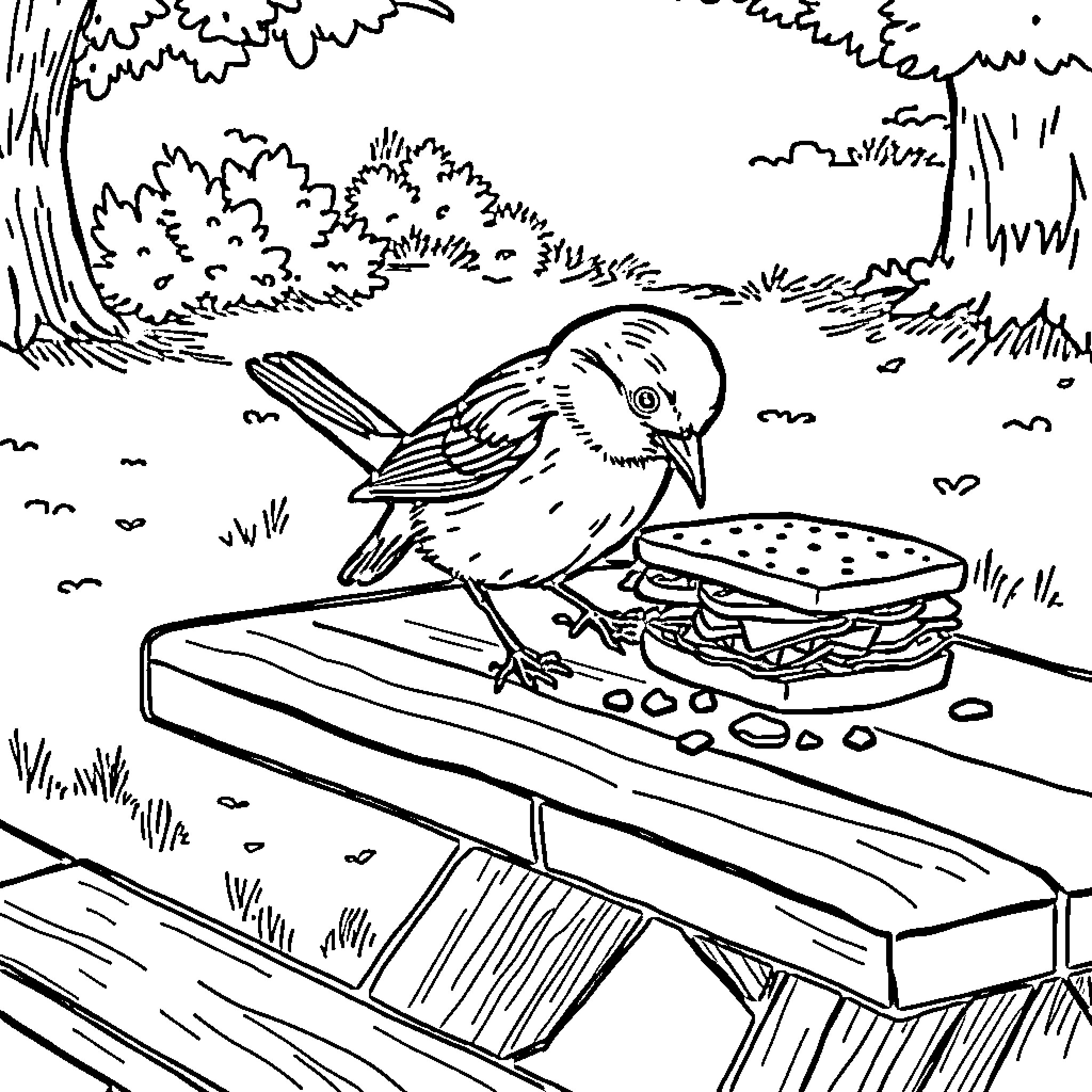 Bird eating a sandwich on a picnic table Coloring Page (free black-and-white line drawing printable PDF for all, from beginners to advanced learners, including children, teens, adults, and seniors)