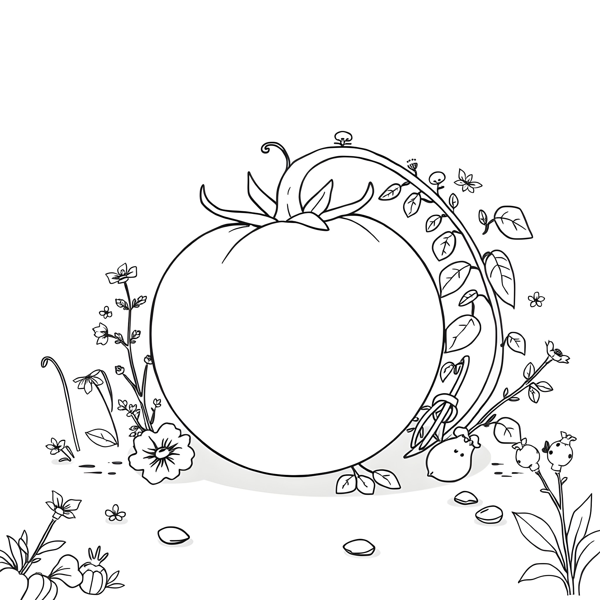Tamato's garden of blooming flowers and leaves Coloring Page (free black-and-white line drawing printable PDF for all, from beginners to advanced learners, including children, teens, adults, and seniors)