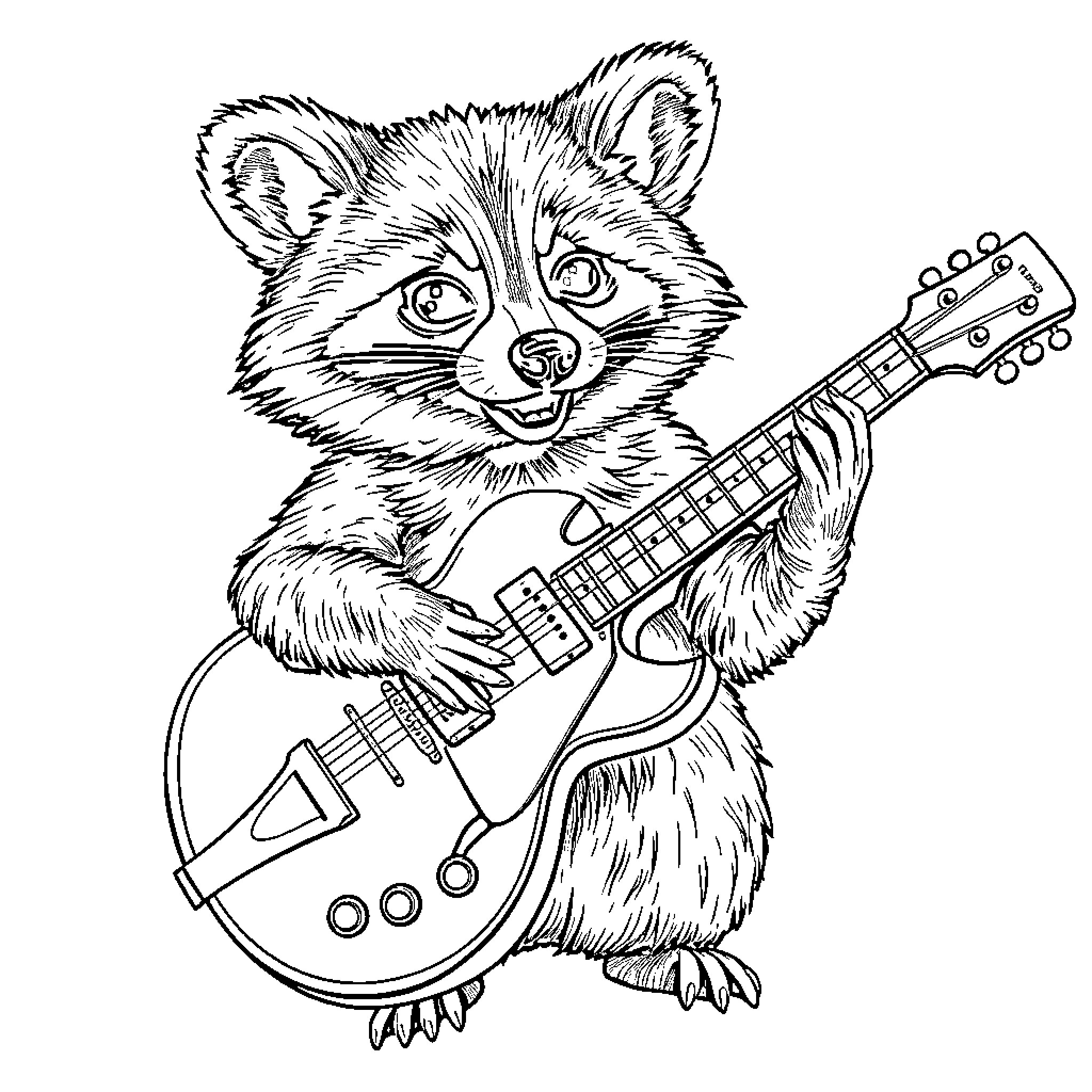 Epiphone ES 355 Raccoon Playing Guitar Coloring Page (free black-and-white line drawing printable PDF for all, from beginners to advanced learners, including children, teens, adults, and seniors)