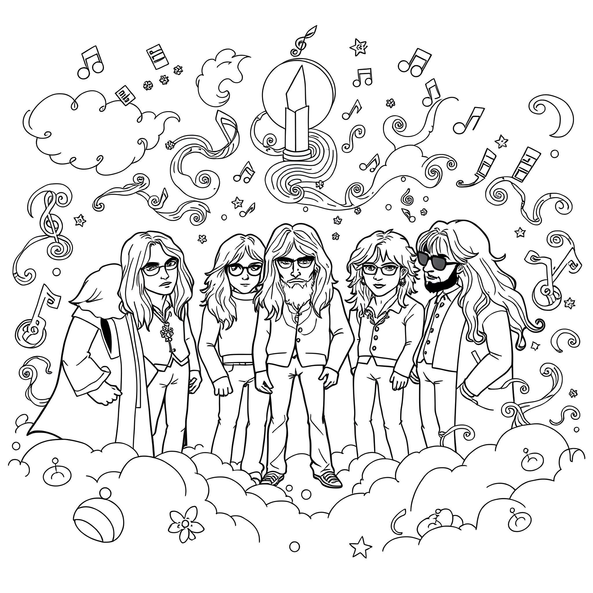 Door to musical inspiration for a rock band Coloring Page (free black-and-white line drawing printable PDF for all, from beginners to advanced learners, including children, teens, adults, and seniors)