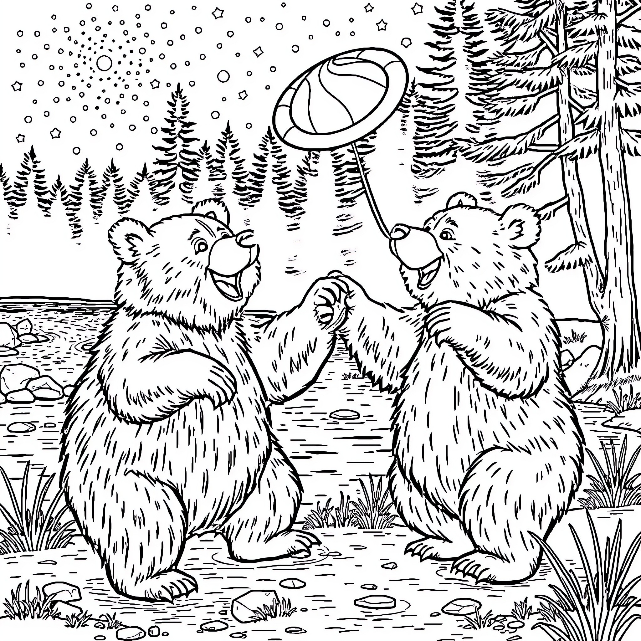 Bear playing with toy in snowy forest Coloring Page (free black-and-white line drawing printable PDF for all, from beginners to advanced learners, including children, teens, adults, and seniors)