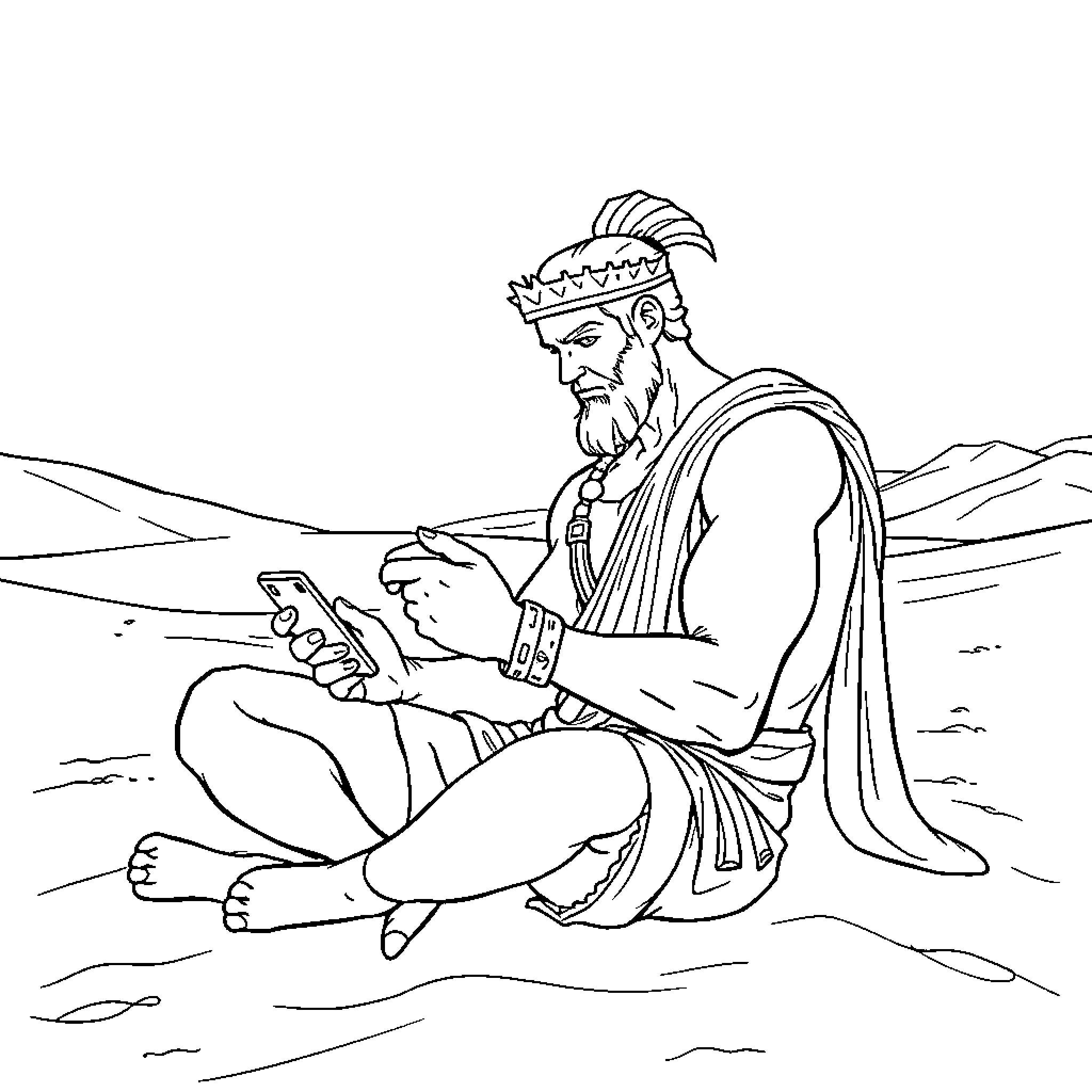 Achilles Studying Ancient Texts in the Wilderness Coloring Page (free black-and-white line drawing printable PDF for all, from beginners to advanced learners, including children, teens, adults, and seniors)